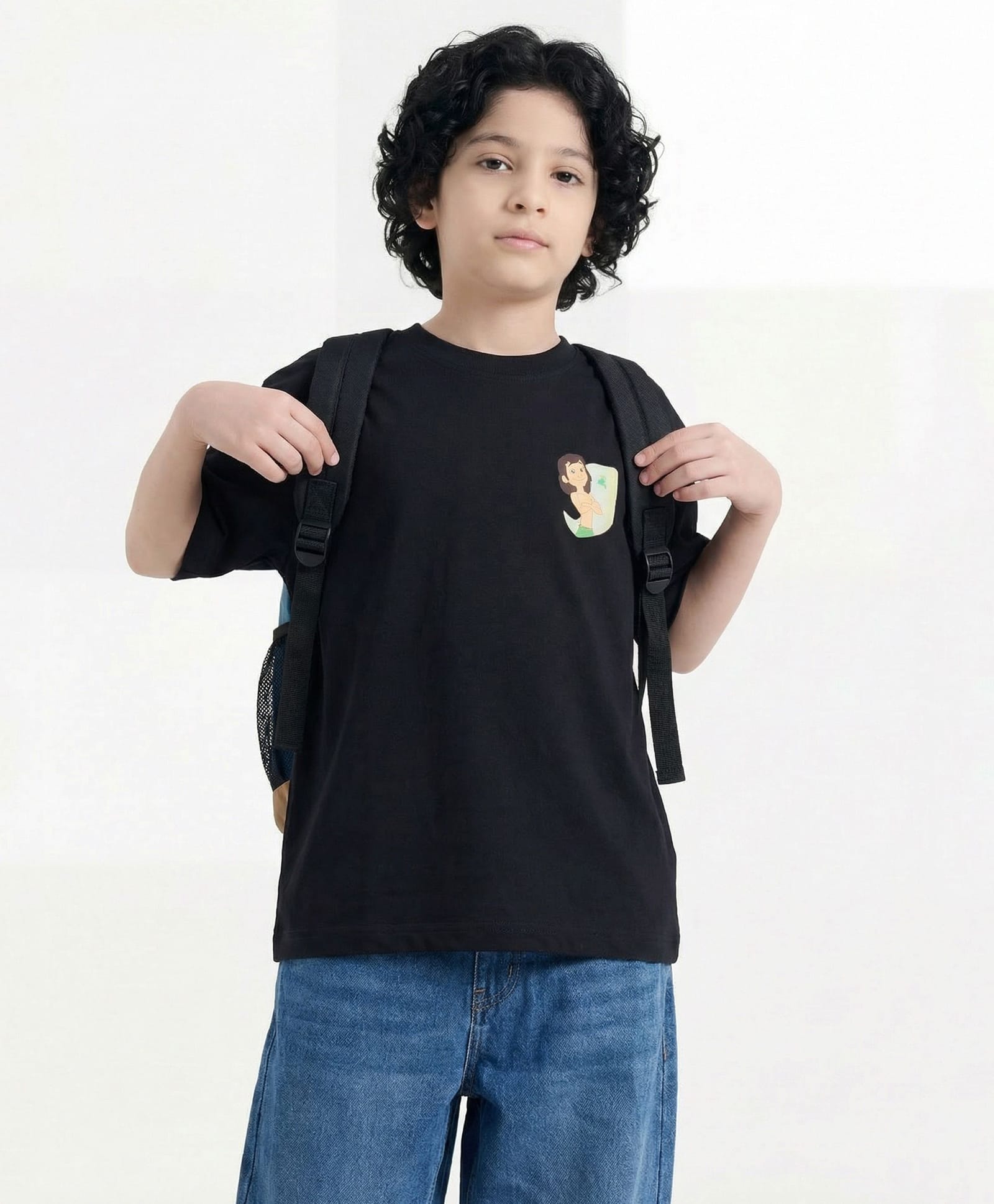 Button Bear Cotton Knit Jungle Book Featuring Half Sleeves Characters Printed Tee - Black-picture-18