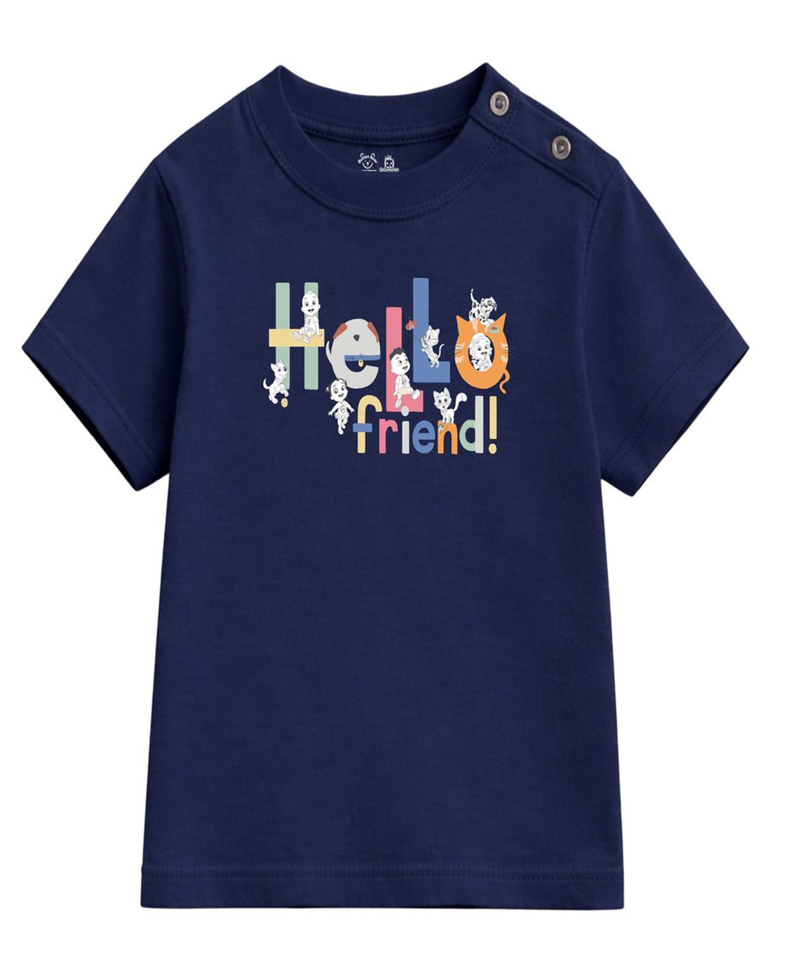 Button Bear Cotton Knit Cocomelon Featuring Half Sleeves Character & Hello Friend Text Printed Tee - Navy Blue-picture-8