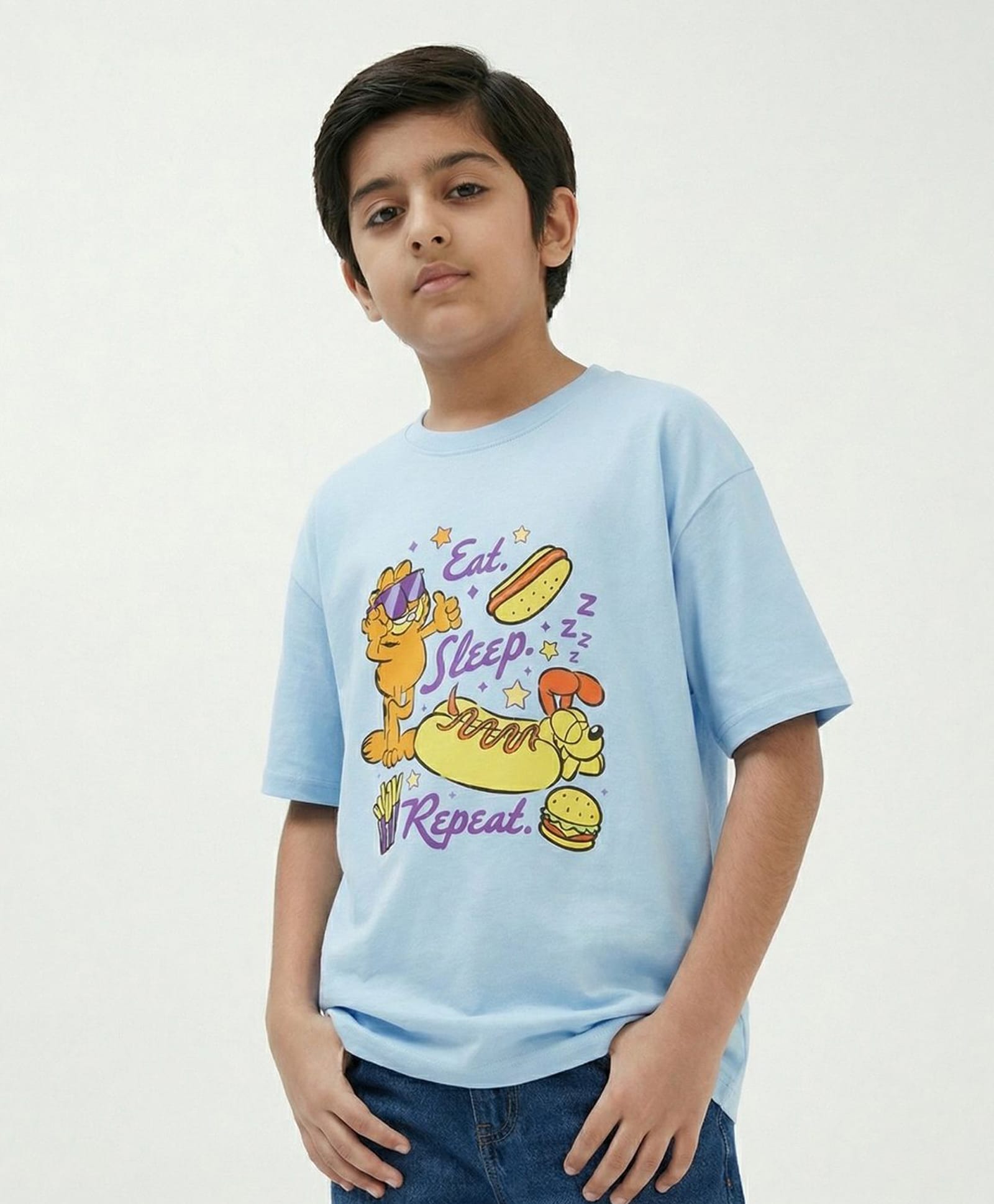 Button Bear Cotton Knit Garfield Featuring Half Sleeves Character Printed Tee - Blue-picture-3