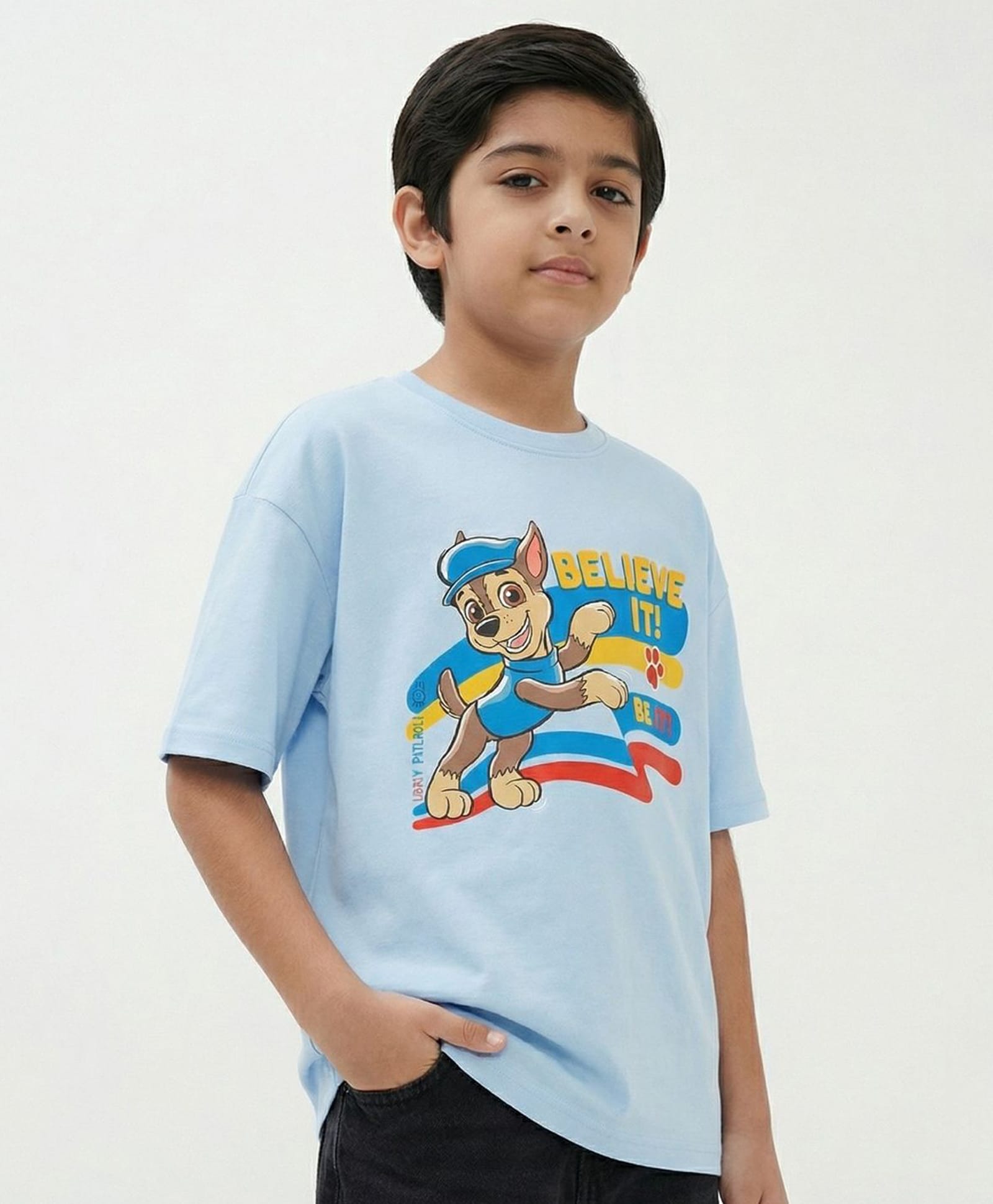 Button Bear Cotton Knit Paw Patrol Featuring Half Sleeves Chase Printed Tee - Blue-picture-5