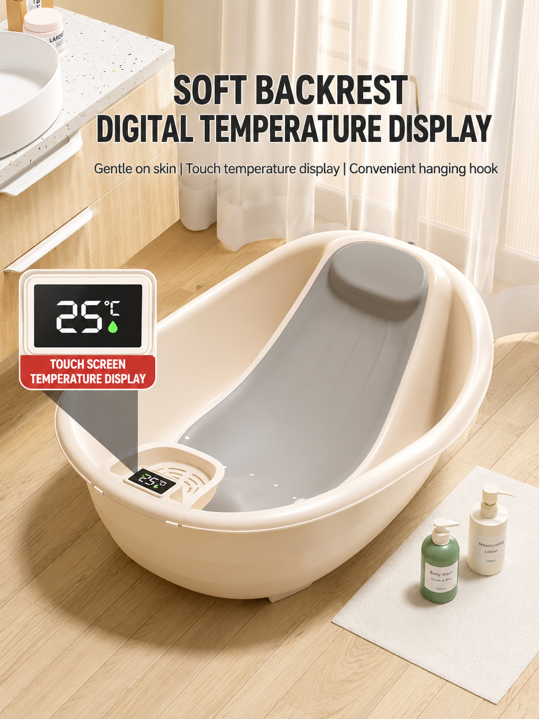 Babyhug Baby Bath Tub with Soft Silicone Backrest & Temperature Sensor Grey| Built-in Touch Water Temperature Monitor| Anti-Slip Base| Soft Headrest| Storage Tray| Suitable for 0 to 5 Years-image-12