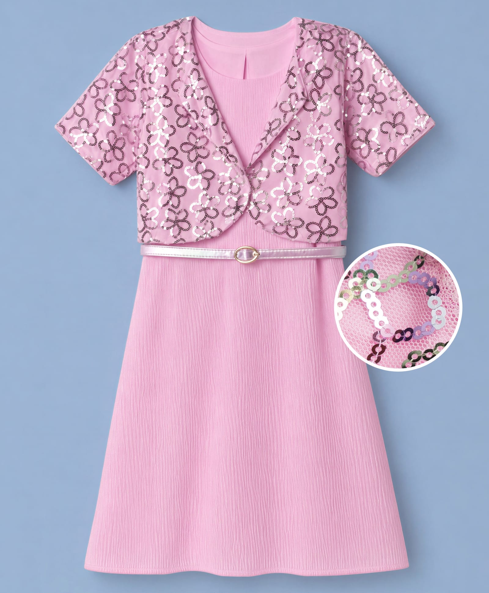 Hola Bonita Knit Foil Pleated Party Dress with Half Sleeves Sequinned Jacket & Belt - Pink-image-29