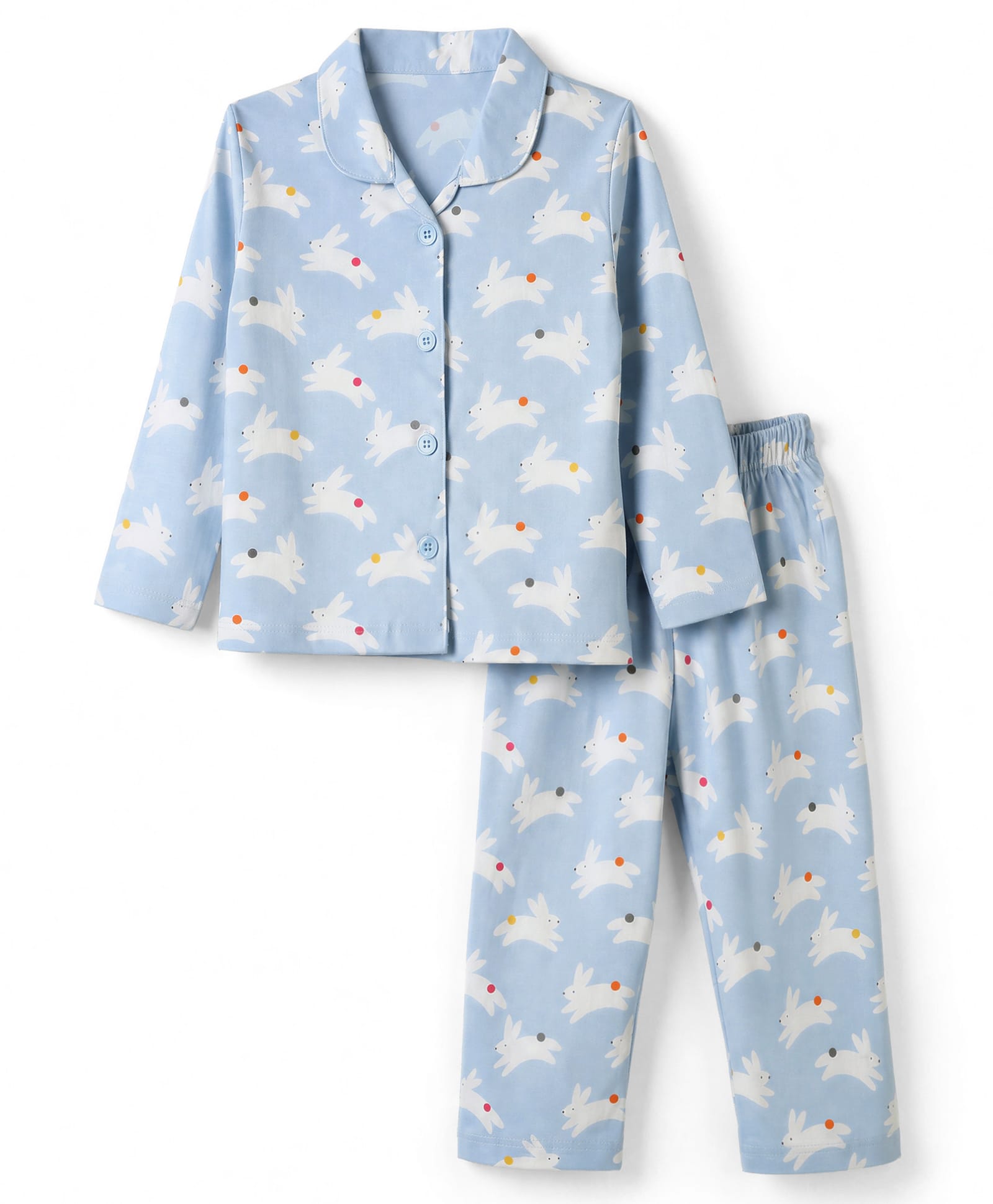 Ollypop Sinker Knit Full Sleeves Shirt & Pyjama Co-ords Night Suit With Bunny Print - Blue-picture-12