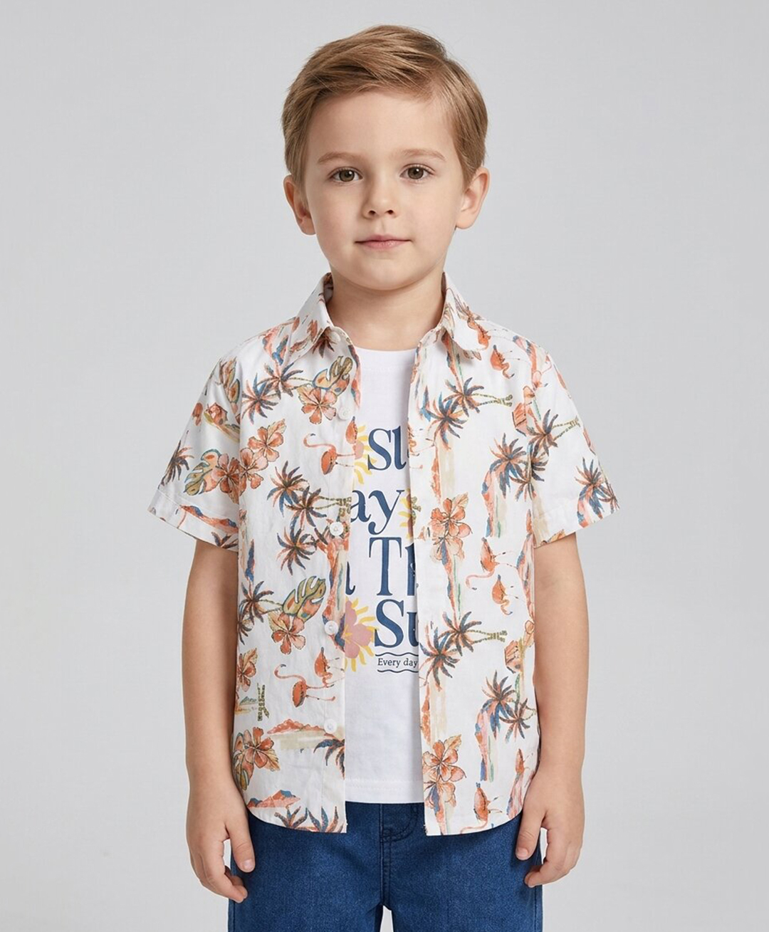 Rikidoos Cotton Woven Half Sleeves Tropical Theme Printed Shirt with T-Shirt - White-picture-6