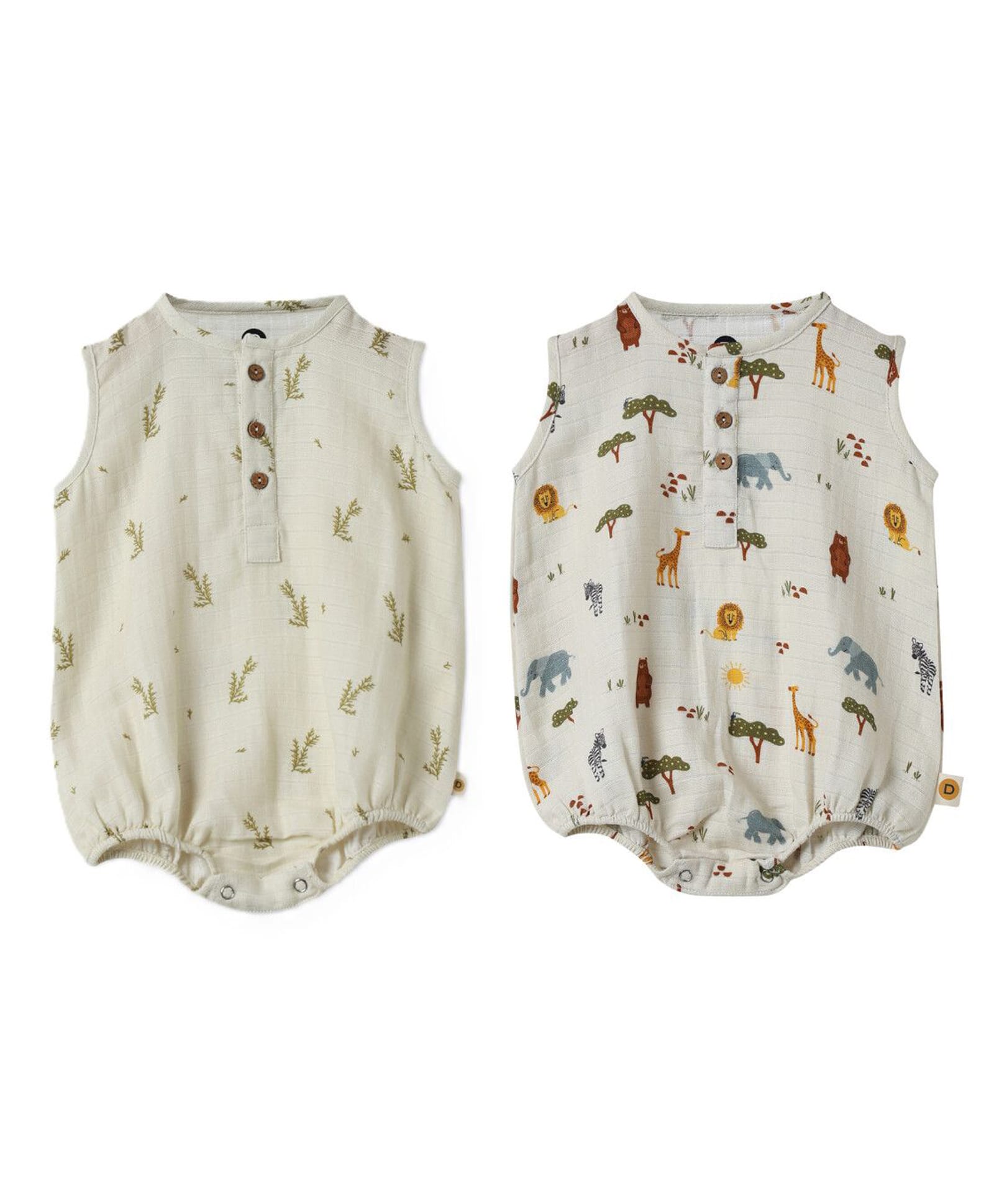 DULAAR Organic Cotton Woven Pack Of 2 Sleeveless Animal & Leaves Printed Onesies - White-image-25