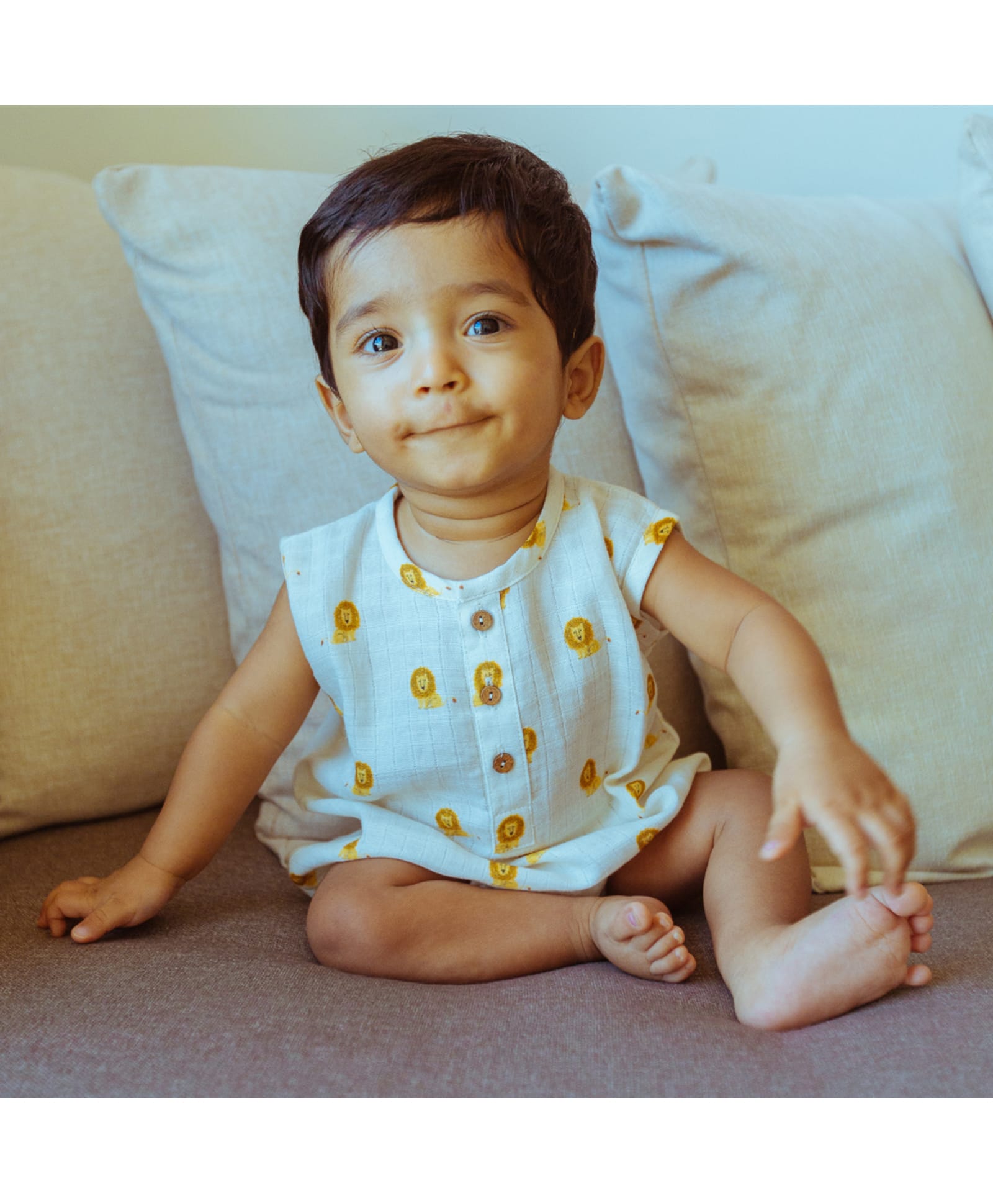 DULAAR Organic Cotton Woven Sleeveless Lion Printed Onesie - White-image-29