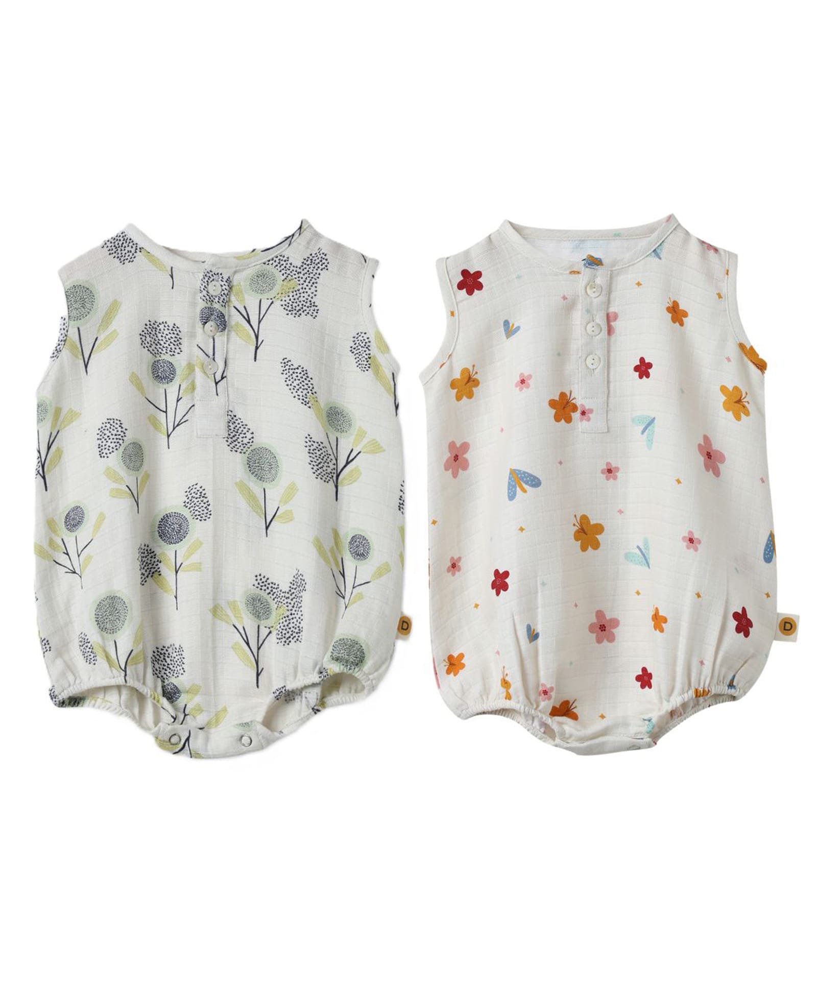 DULAAR Organic Cotton Woven Pack Of 2 Sleeveless Floral Printed Onesies - White-image-47