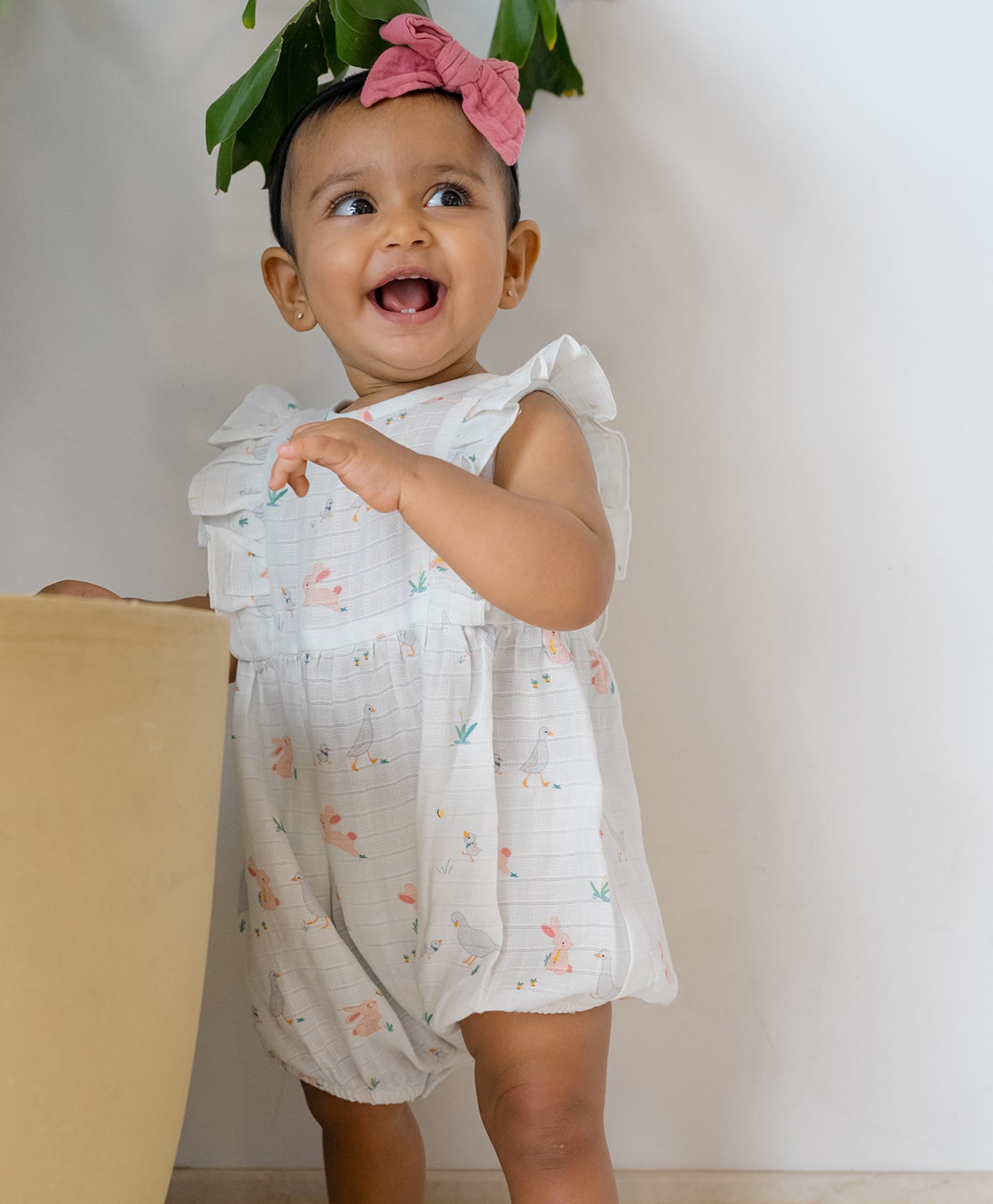 DULAAR Cap Sleeves Animals & Birds Printed Onesie - White-image-12