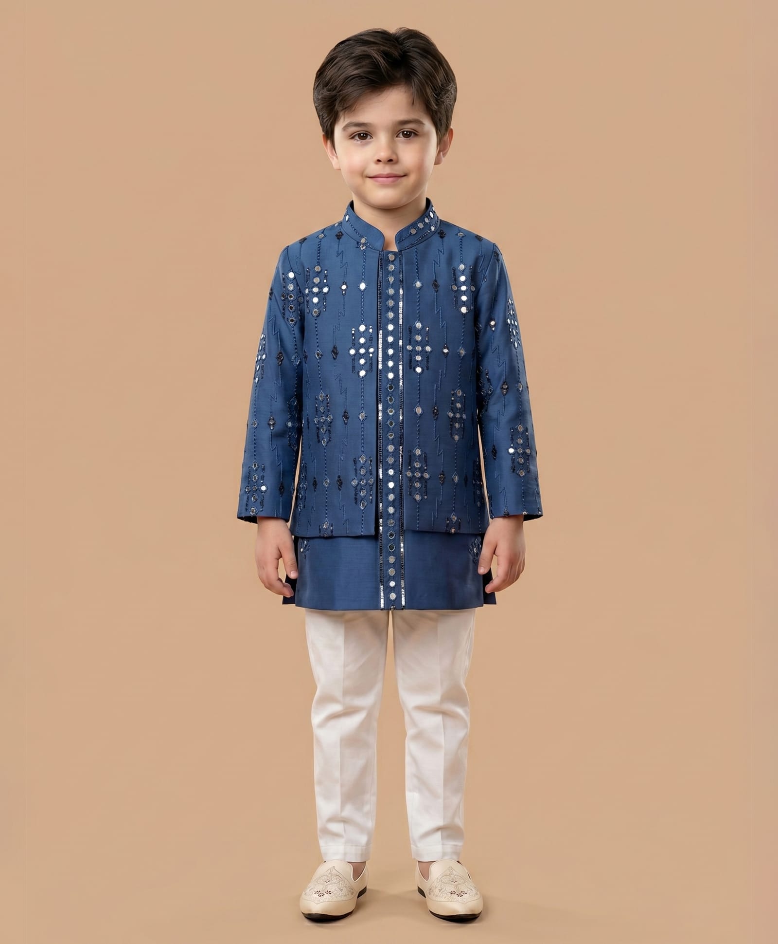 ETHNIKS NEURON Cotton Blend Woven Full Sleeves Abstract Embroidered & Mirror Work Embellished Kurta & Pyjama Set - Blue-image-11