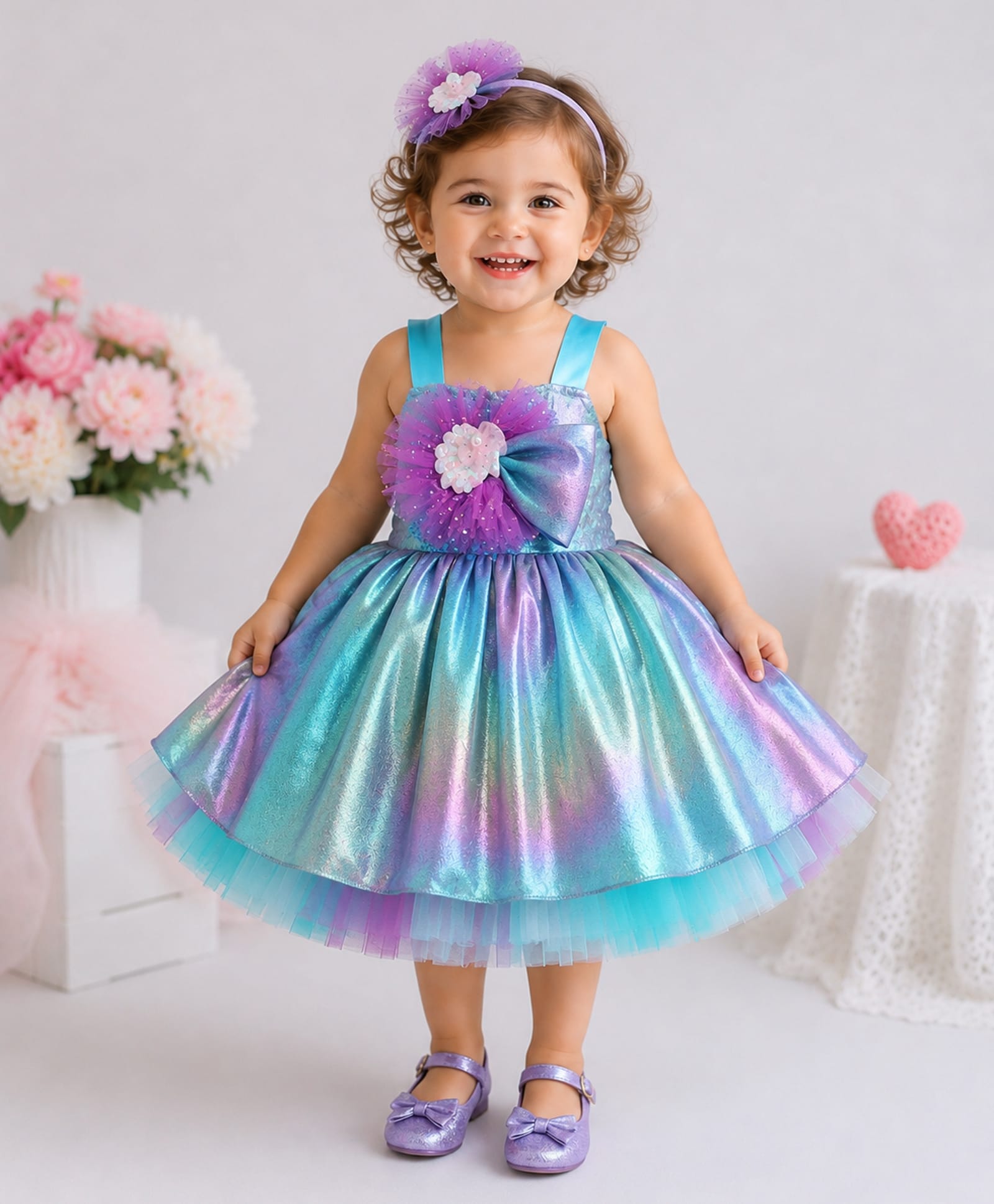 TINY MINY MEE Elastane Woven Sleeveless Floral Applique Detailed Pearl & Sequins Embellished Dress - Multi Colour-image-22