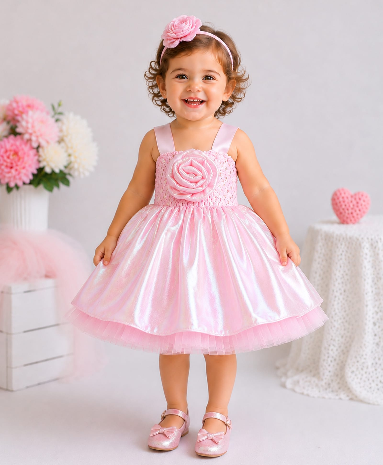 TINY MINY MEE Elastane Woven Sleeveless Floral Applique Detailed Dress - Pink-image-38