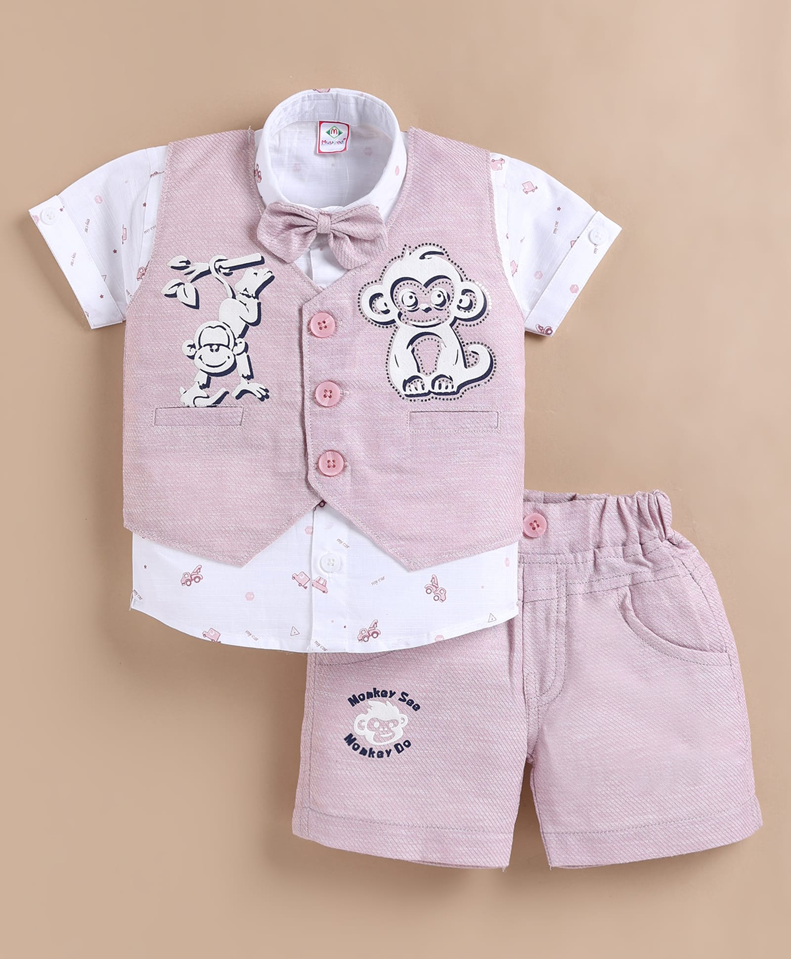 MUSHROO Textile Knit Half Sleeves Vehicles Printed Shirt & Shorts Set With Monkey Printed Jacket & Attached Bow - Onion-image-19