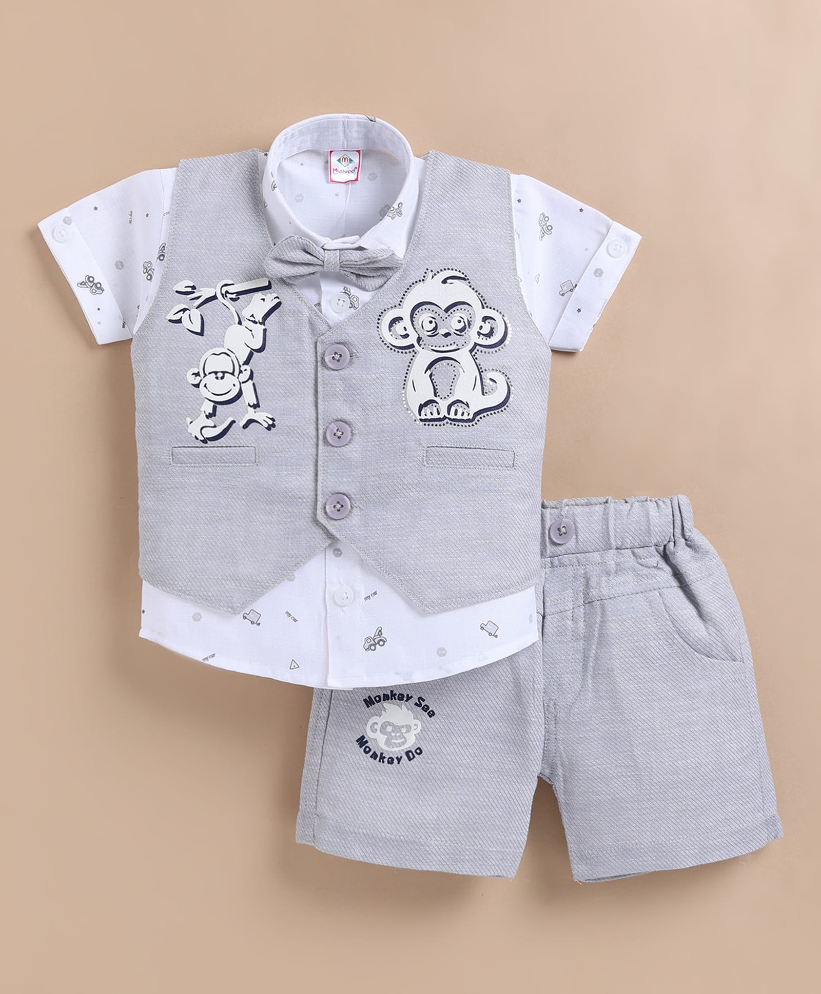 MUSHROO Textile Knit Half Sleeves Vehicles Printed Shirt & Shorts Set With Monkey Printed Jacket & Attached Bow - Grey-picture-11