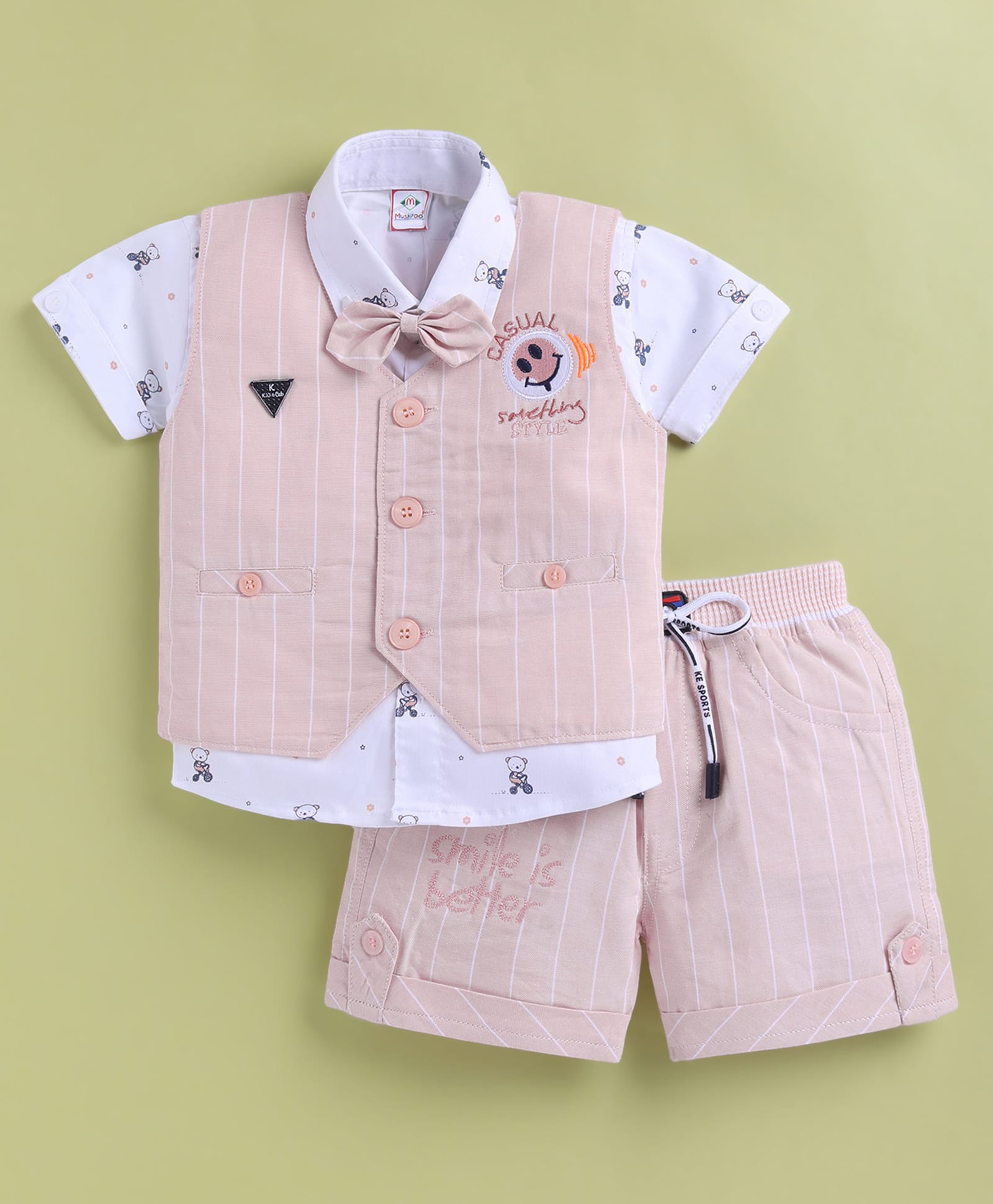MUSHROO Textile Knit Half Sleeves Teddy Printed Shirt & Shorts Set With Striped & Smiley Embroidered Jacket & Attached Bow - Pink-picture-24