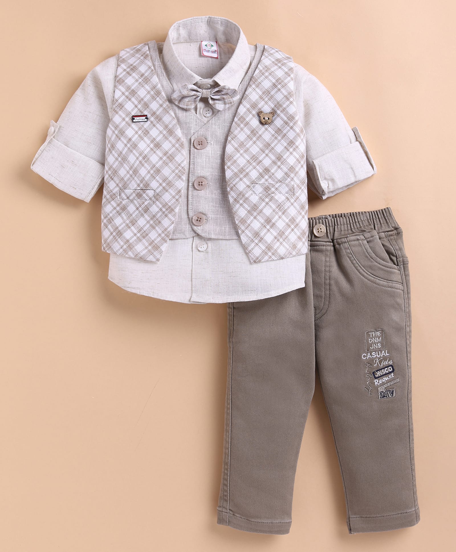 MUSHROO Textile Knit Full Sleeves Solid Shirt & Pants Set With Checked Jacket & Attached Bow - Beige-image-8