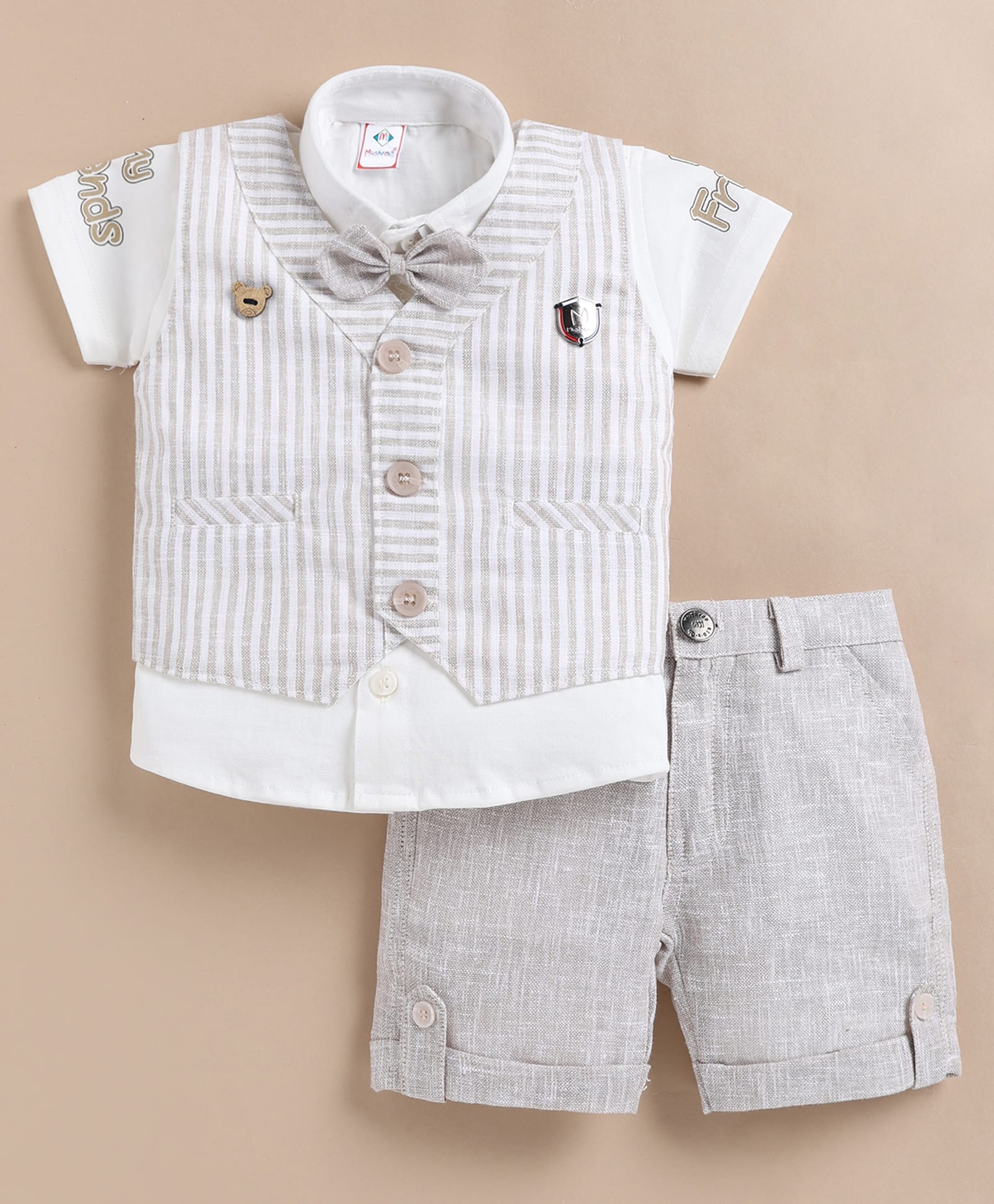 MUSHROO Textile Knit Half Sleeves Typography Printed Shirt & Shorts Set With Striped Jacket & Attached Bow - Beige-image-1