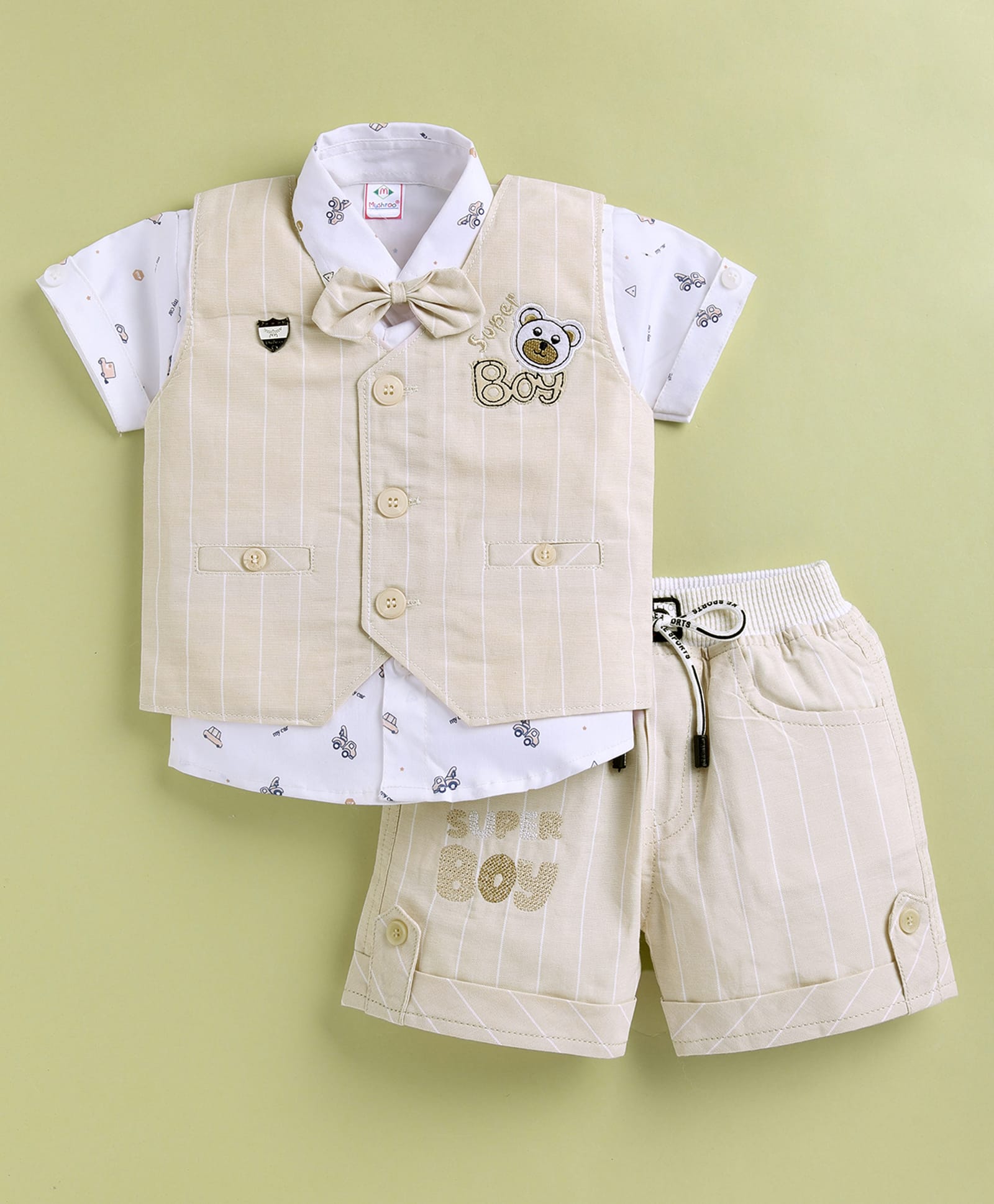 MUSHROO Textile Knit Half Sleeves Vehicles Printed Shirt & Shorts Set With Striped & Teddy Patch Detailed Jacket & Attached Bow - Beige-picture-3
