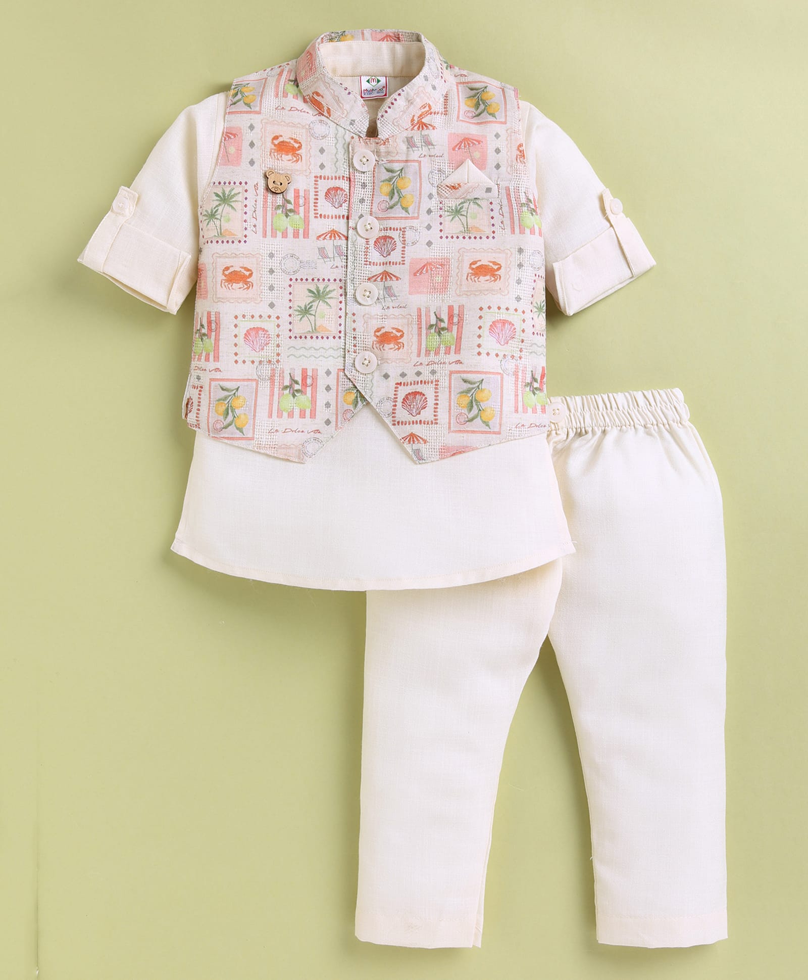 MUSHROO Textile Knit Full Sleeves Solid Kurta & Pyjama With Beach Theme Jacket Set - Peach-image-21