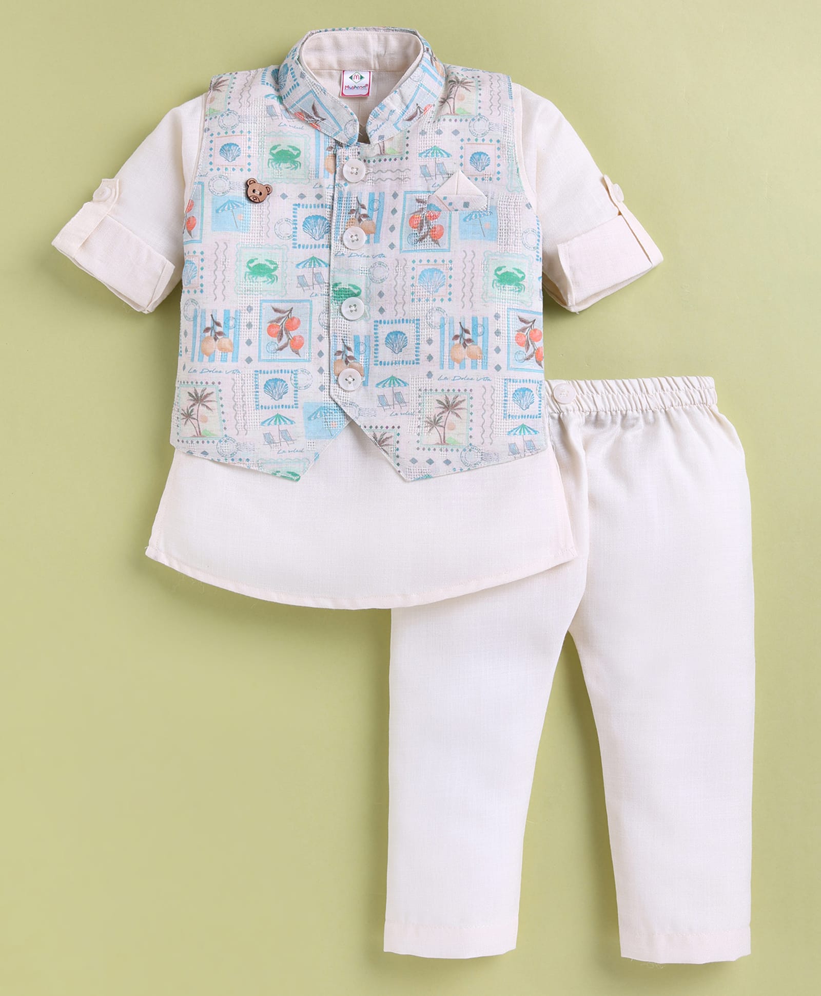 MUSHROO Textile Knit Full Sleeves Solid Kurta & Pyjama With Beach Theme Jacket Set - Sky Blue-picture-10