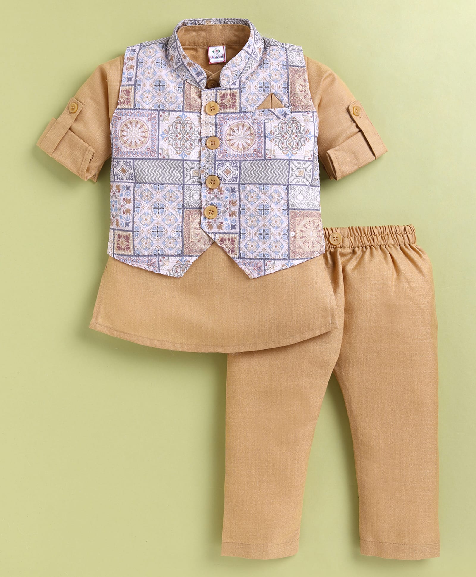 MUSHROO Textile Knit Full Sleeves Solid Kurta & Pyjama With Abstract Embroidered Jacket Set - Brown-image-39