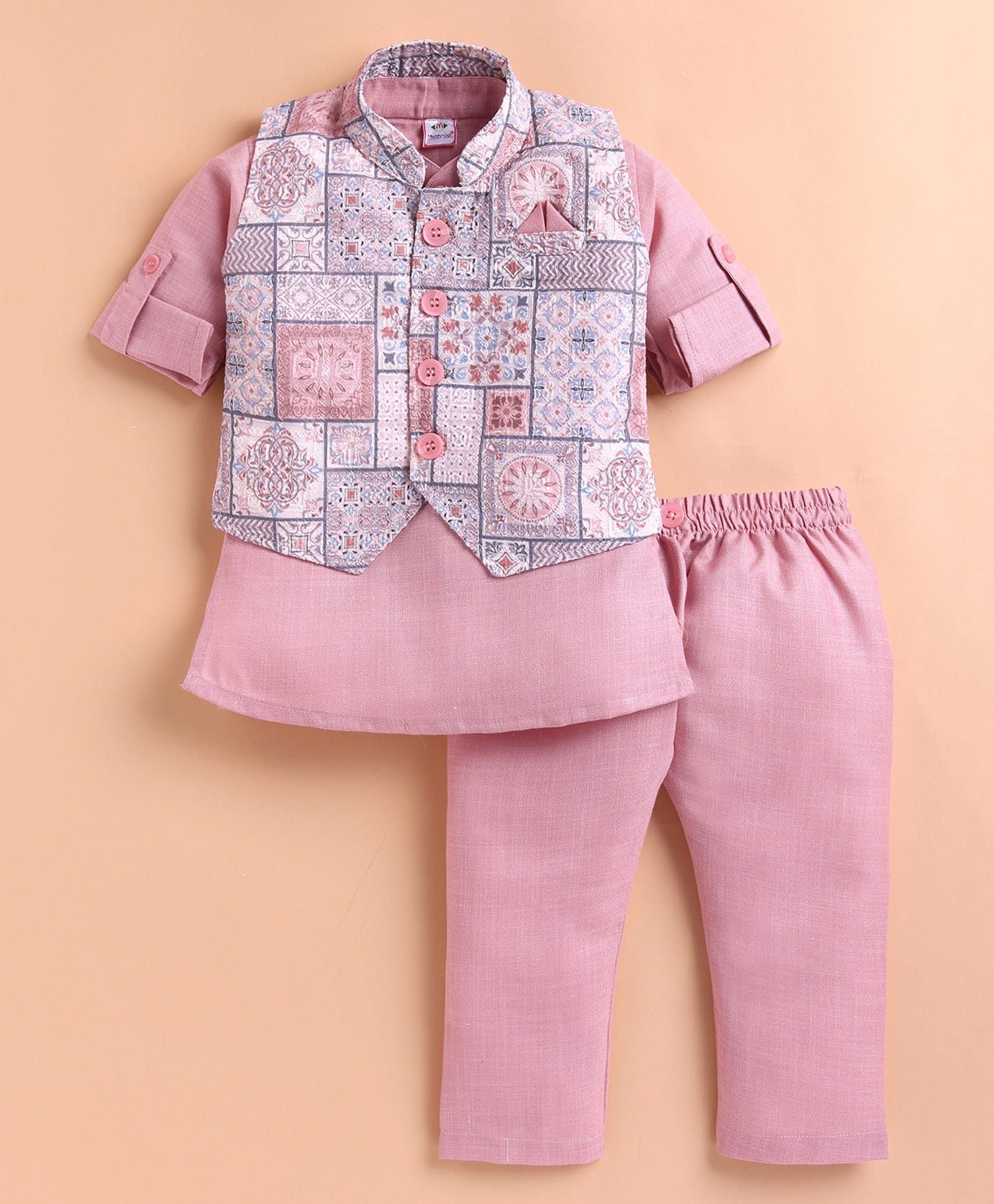 MUSHROO Textile Knit Full Sleeves Solid Kurta & Pyjama With Abstract Embroidered Jacket Set - Pink-image-12