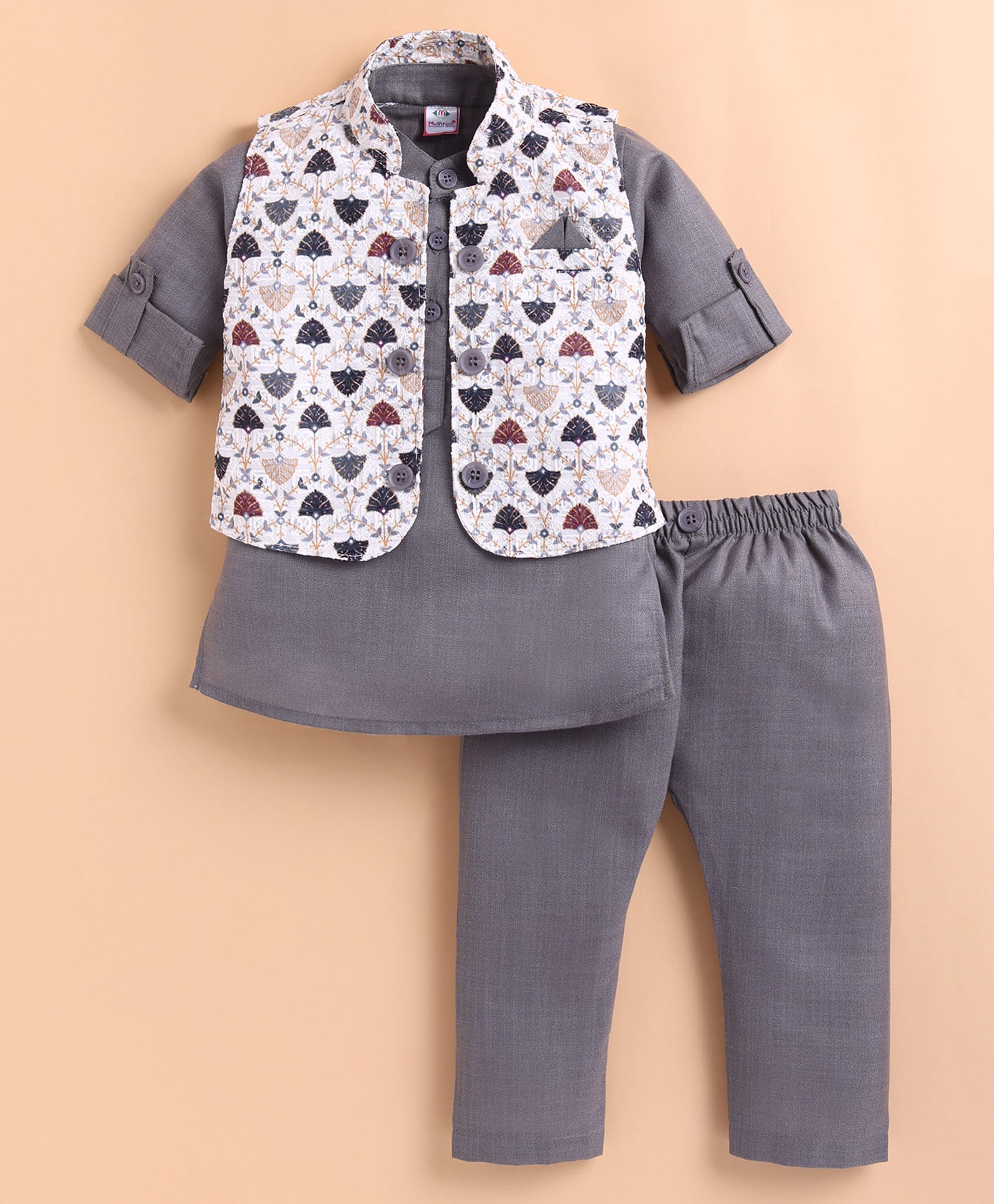 MUSHROO Textile Knit Full Sleeves Solid Kurta & Pyjama With Leaves Printed Jacket Set - Grey-image-10