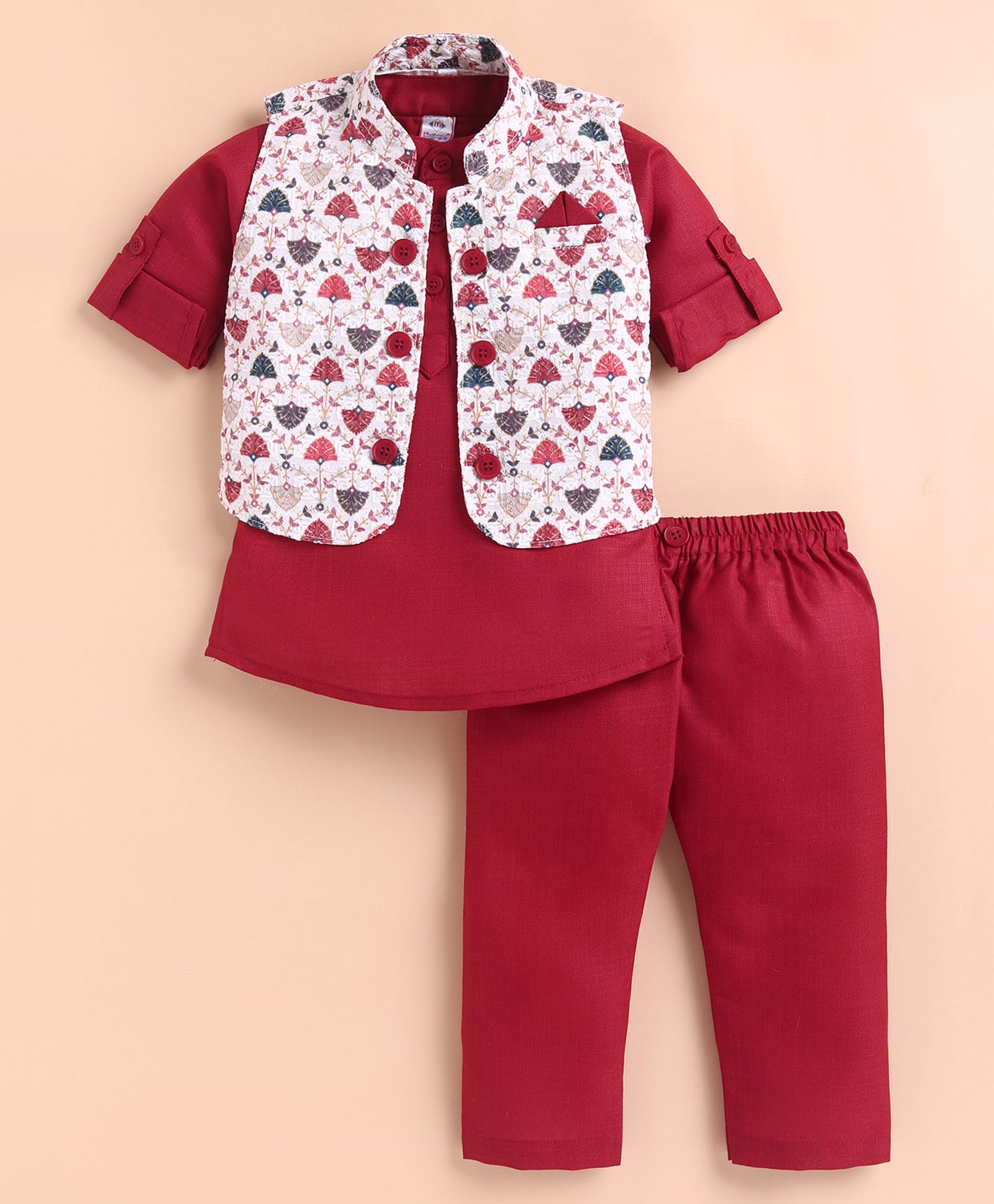 MUSHROO Textile Knit Full Sleeves Solid Kurta & Pyjama With Leaves Printed Jacket Set - Maroon-image-27