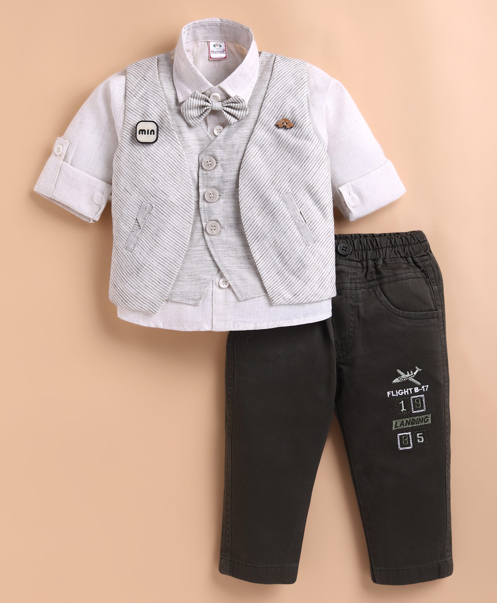 MUSHROO Textile Knit Full Sleeves Solid Shirt & Pants With Striped Jacket & Attached Bow - Olive Green-image-31