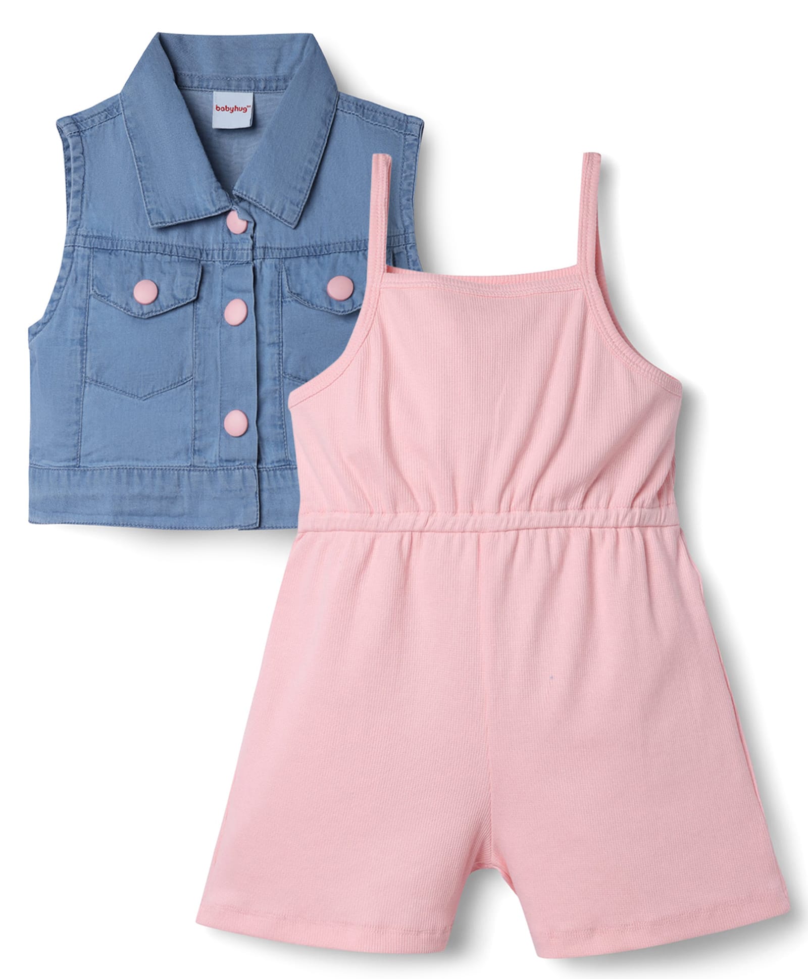 Babyhug Cotton Rib Knit Sleeveless Solid Jumpsuit With Jacket -Pink-image-20