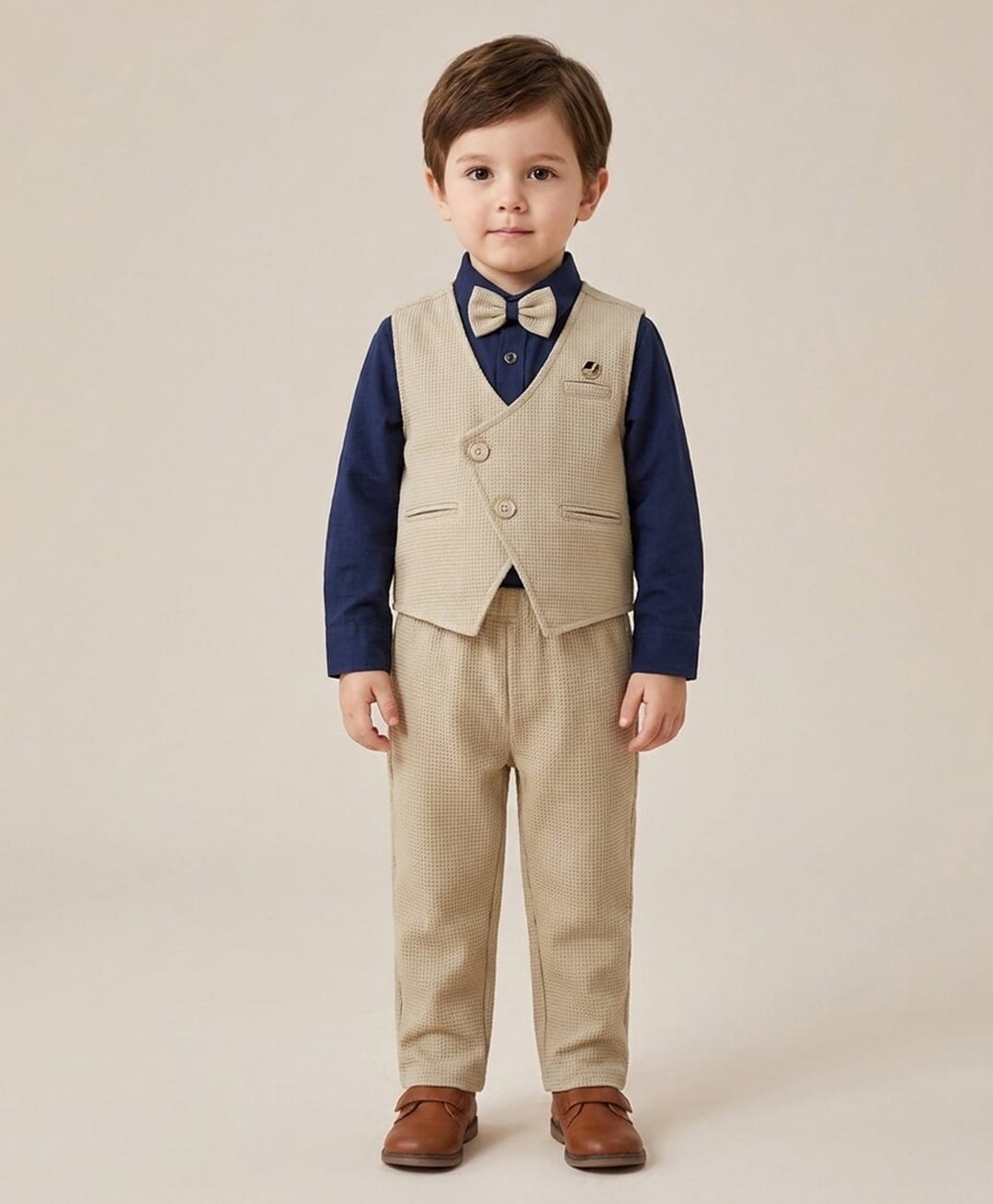 Rikidoos Woven Full Sleeves Solid Textured Three Piece Party Suit With Bow - Navy Blue & Beige-picture-27