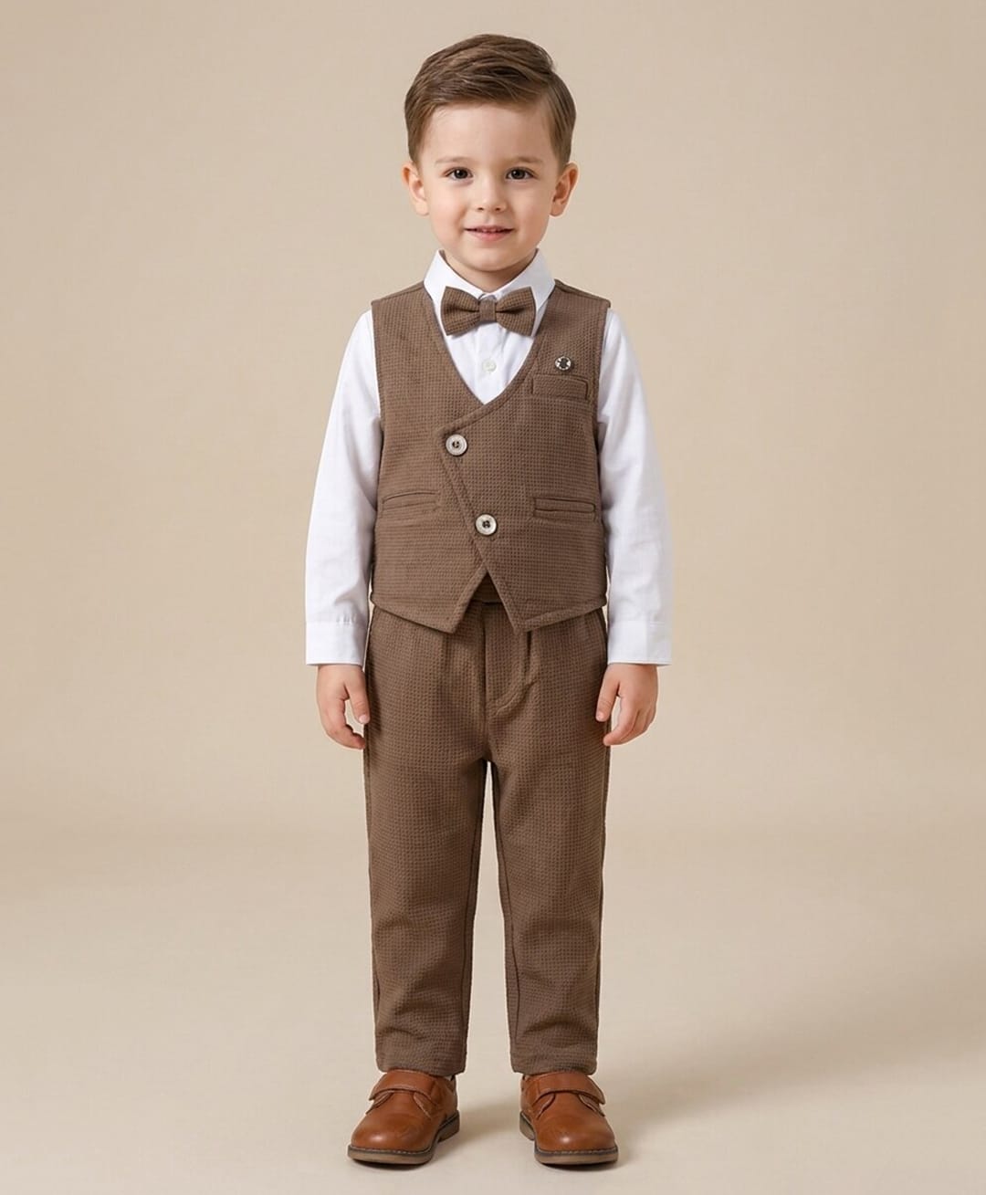 Rikidoos Woven Full Sleeves Solid Textured Three Piece Party Suit With Bow - Brown & White-picture-34