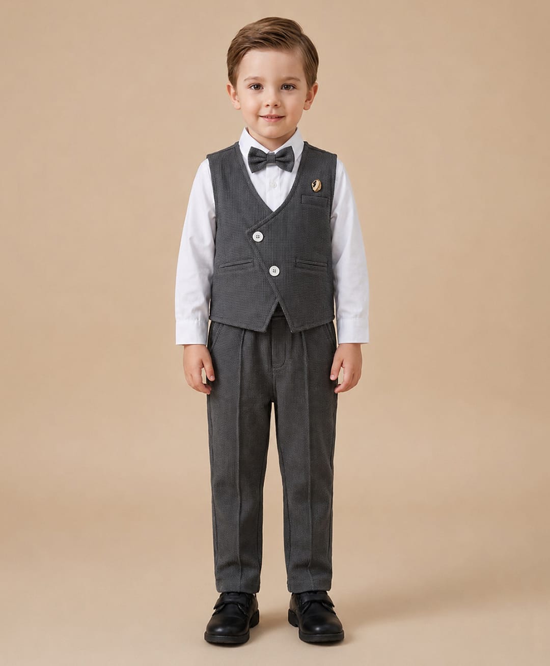 Rikidoos Woven Full Sleeves Solid Textured Three Piece Party Suit With Bow - Charcoal Grey & White-image-11