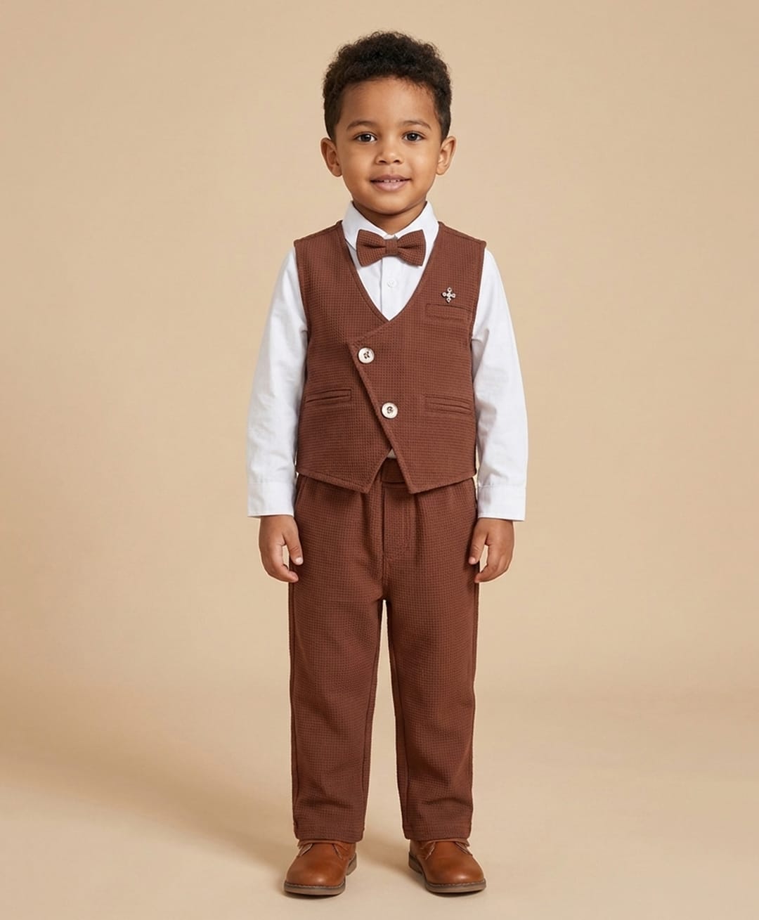 Rikidoos Woven Full Sleeves Solid Textured Three Piece Party Suit With Bow - White & Rust Orange-picture-23