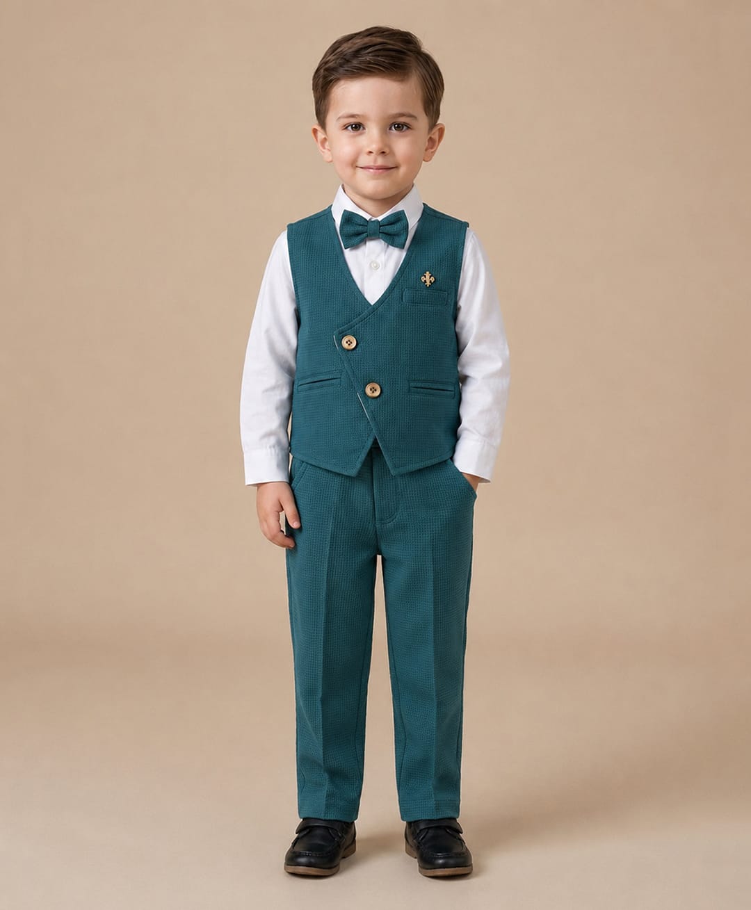 Rikidoos Woven Full Sleeves Solid Textured Three Piece Party Suit With Bow - Teal Blue & White-picture-28
