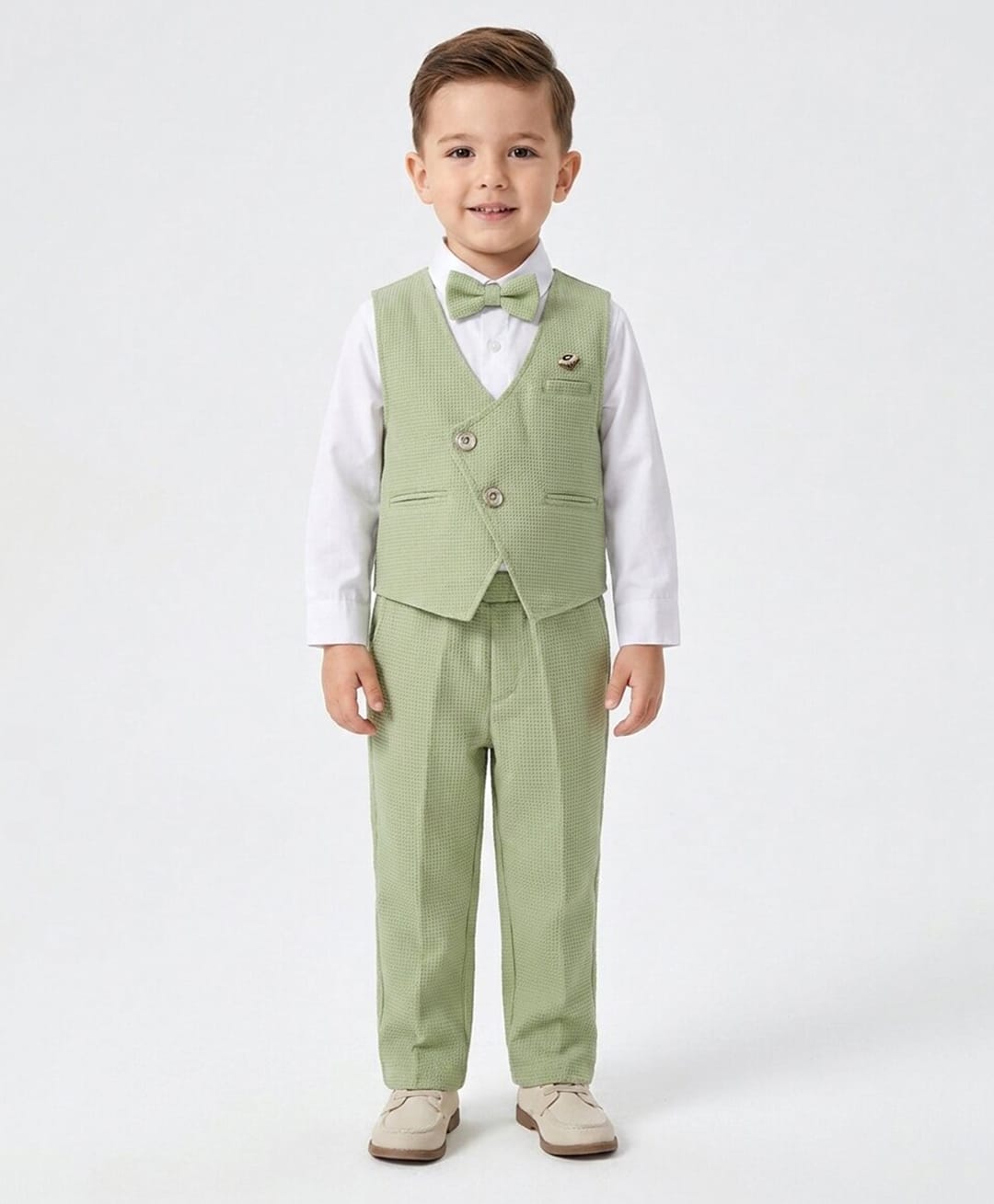 Rikidoos Woven Full Sleeves Solid Textured Three Piece Party Suit With Bow - Light Green & White-picture-22