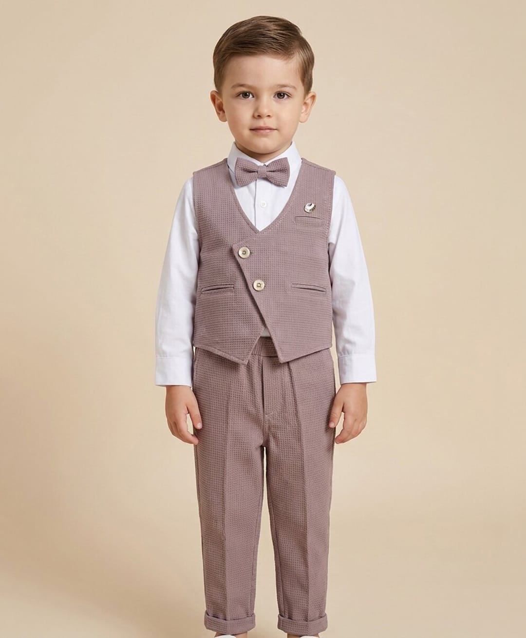 Rikidoos Woven Full Sleeves Solid Textured Three Piece Party Suit With Bow - Rose Gold & White-picture-26