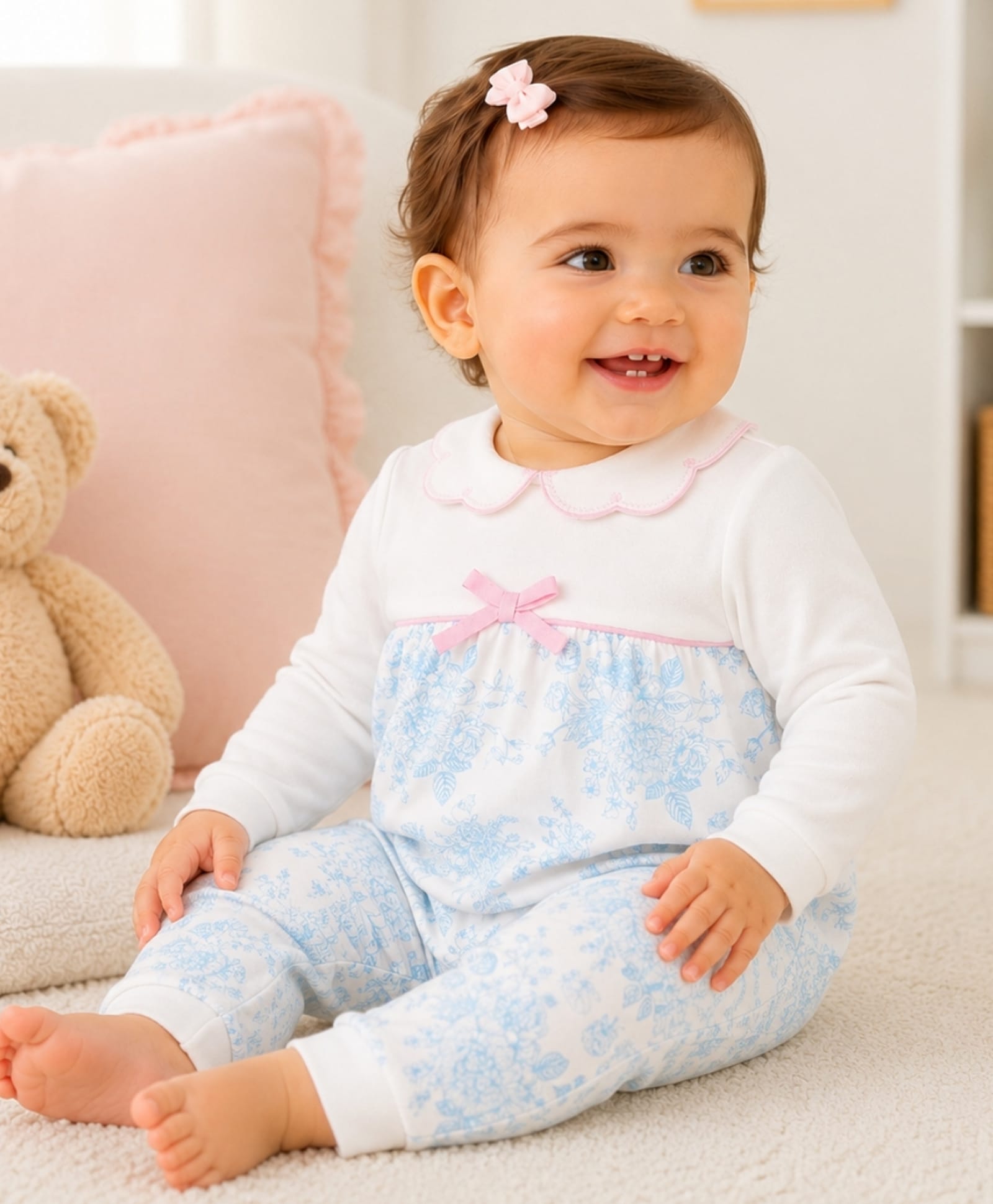 My Milestones Interlock Full Sleeves Bow Applique Detailed & Floral Printed Romper - White & Blue-picture-30