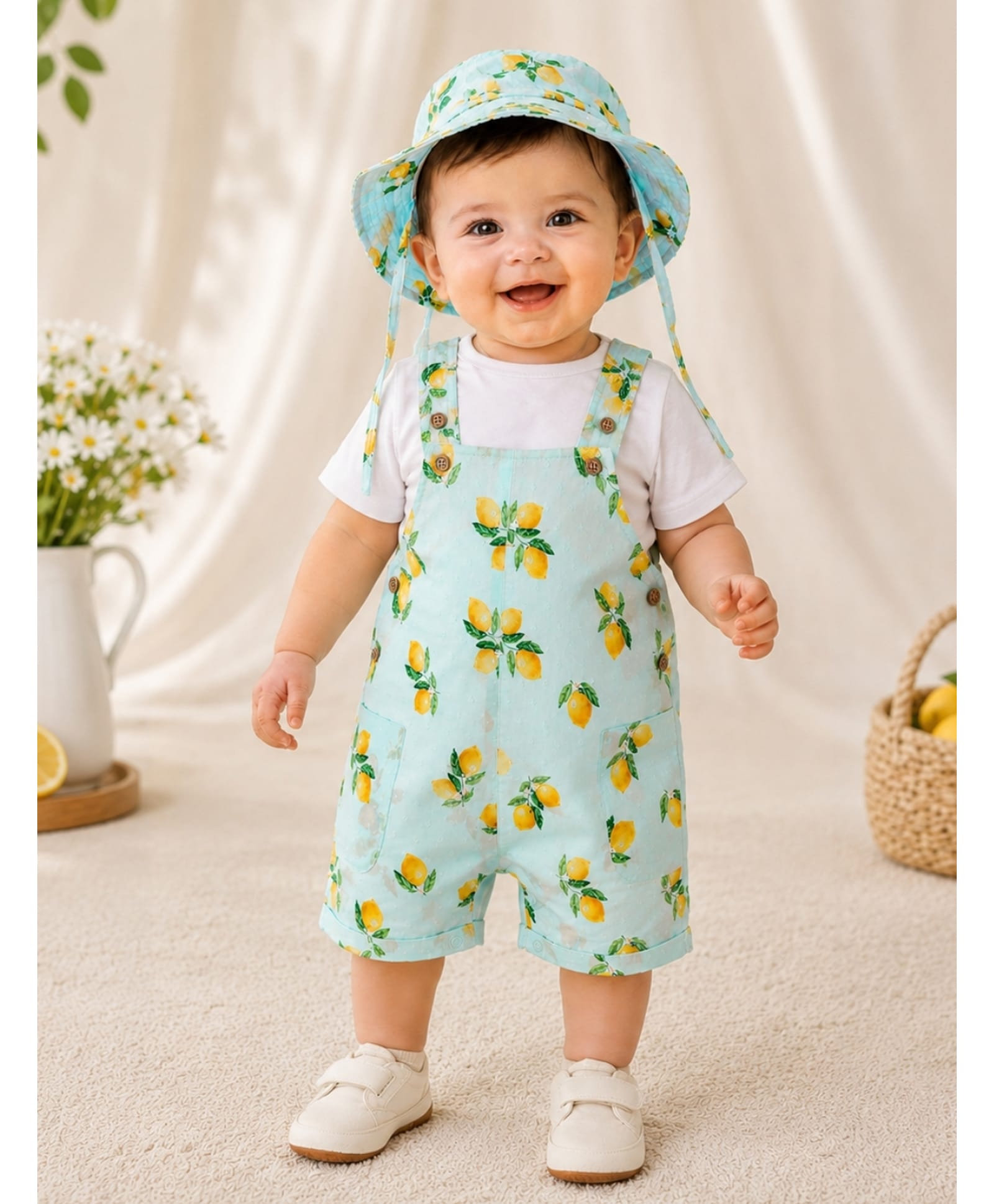 My Milestones 100% Cotton Woven Sleeveless Lemon Printed Dungaree With Tee & Hat Set - White & Green-picture-2