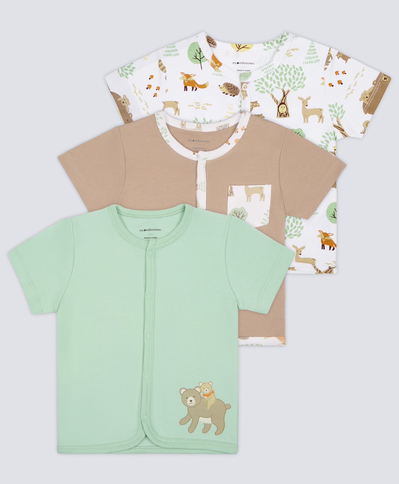 My Milestones Interlock Knit Pack Of 3 Half Sleeves Animals Printed Vests - Multi Colour-picture-4