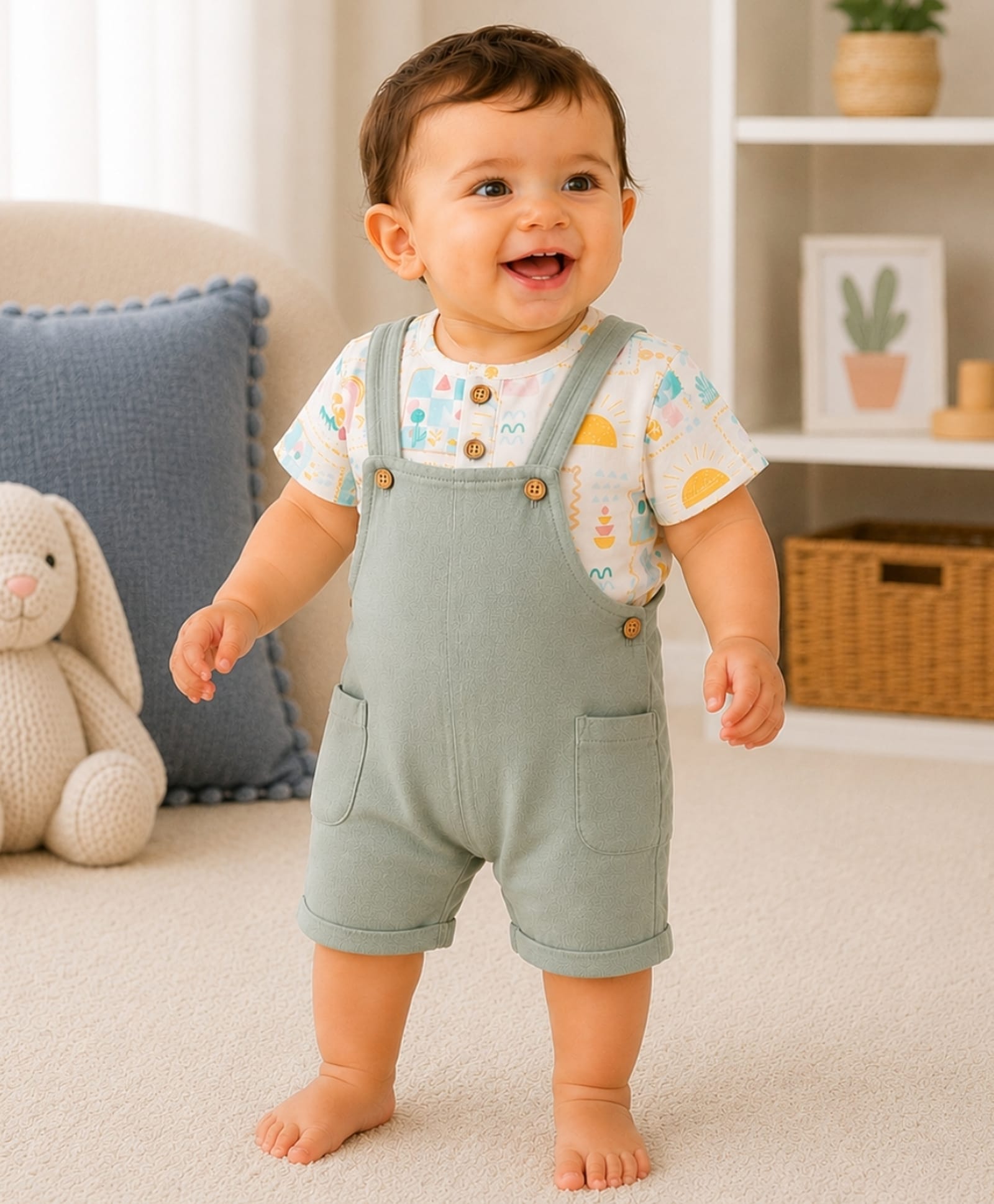 My Milestones 100% Cotton Woven Sleeveless Solid Dungaree With Tropical Theme Printed Tee - White & Green-image-27