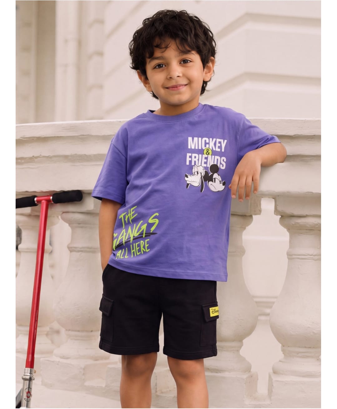 Nap Chief Cotton Blend Knit Disney Mickey & Friends Featuring Half Sleeves Characters Printed Oversized Tee & Cargo Shorts Set - Violet-image-24