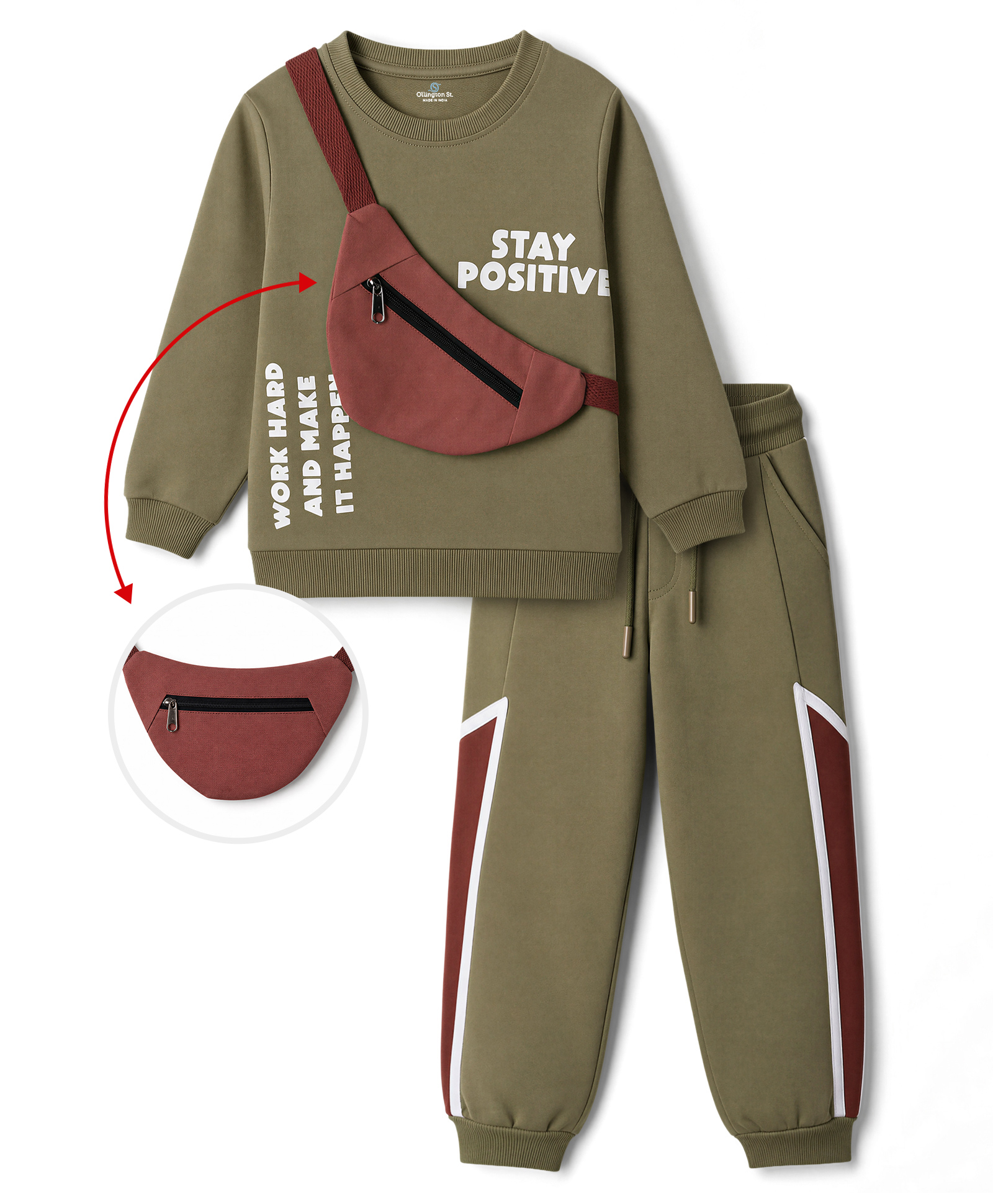 OLLINGTON ST. Looper Knit Full Sleeves Text Printed Winter Wear Suits With Sling Bag - Olive Green-picture-12