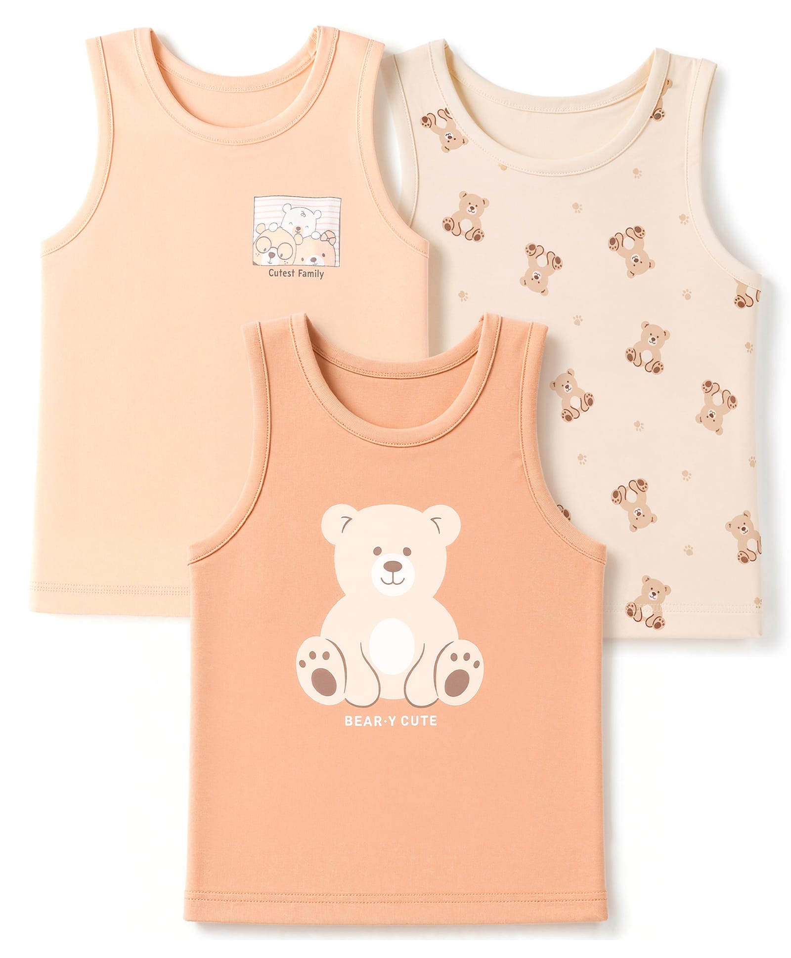 Babyoye Cotton Lycra Knit Sleeveless Solid Set of Vests With Teddy Bear Print Pack of 3 - Peach Pink-image-20