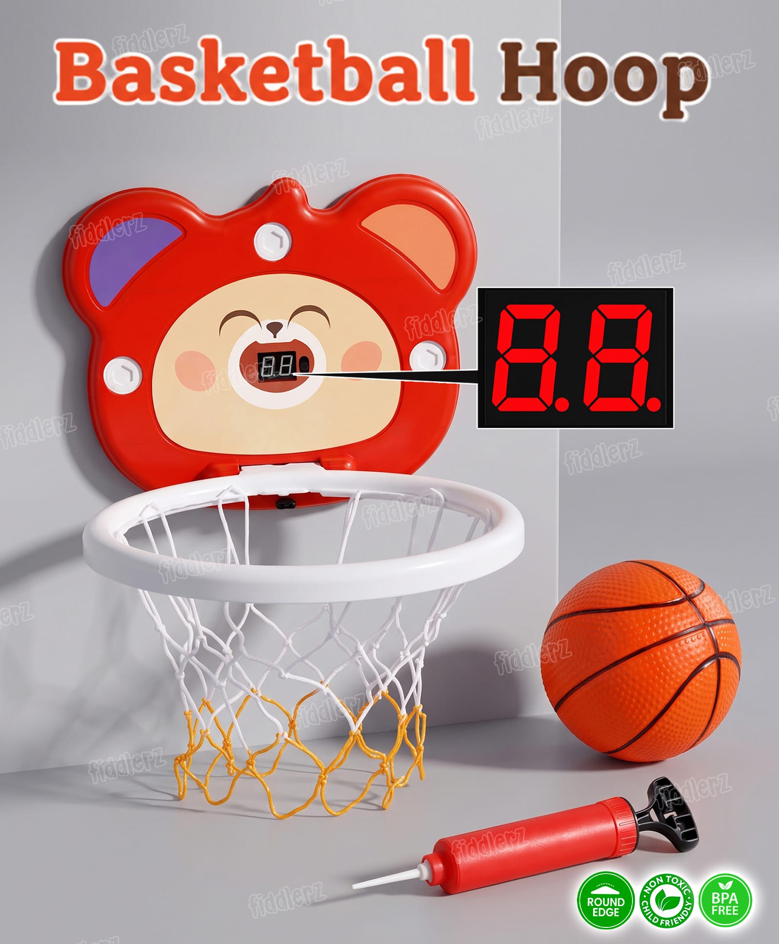 Fiddlerz Basketball Hoop Toy with Digital Counter for Kids| Foldable Indoor Basketball Game with Inflatable Ball, Sound Effects & Cute Animal Backboard| Child Interactive Sports Toy | 3 Years+-image-12