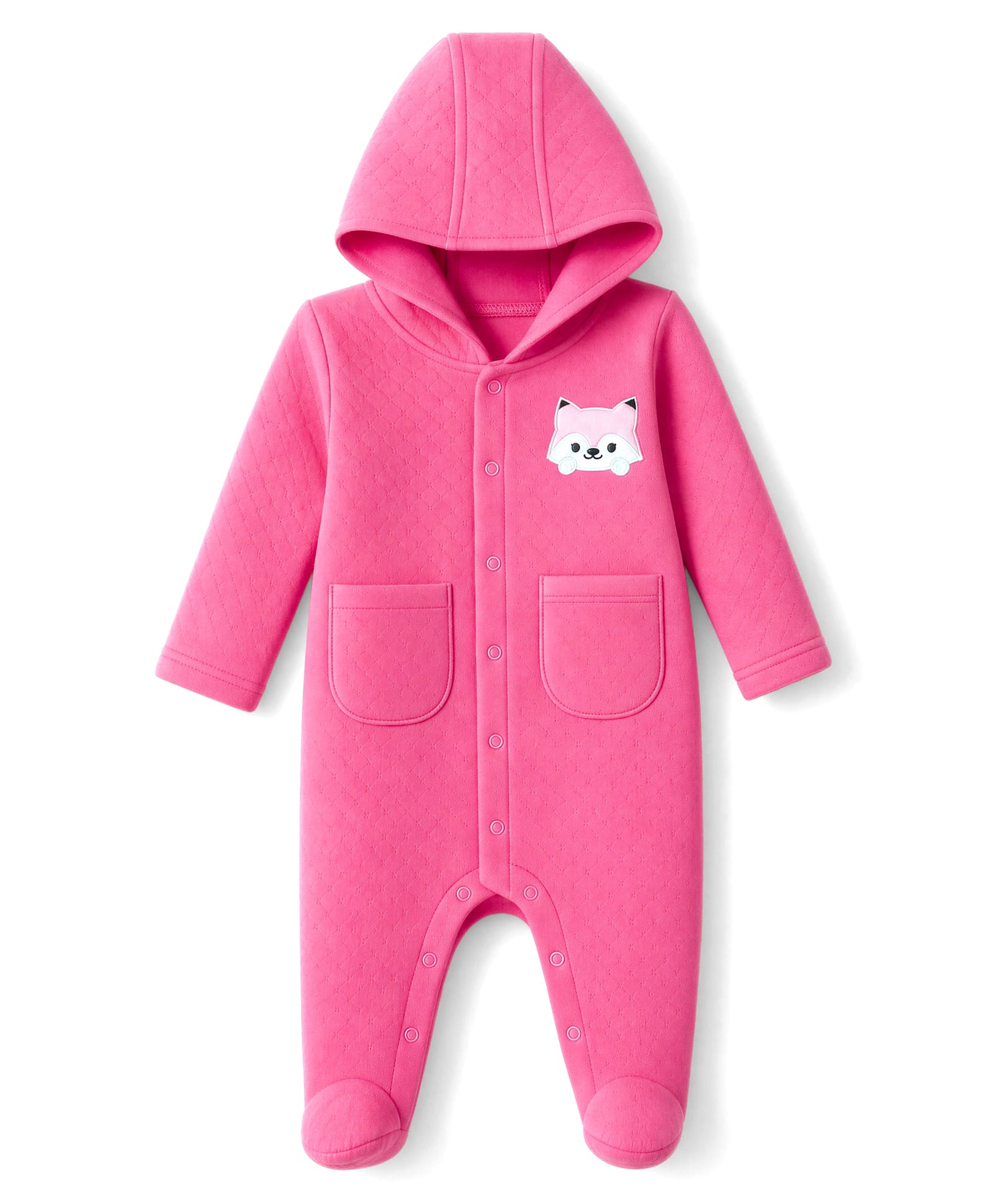 Babyhug Knit Full Sleeves Hooded Winter Wear Romper With Fox Patch - Fuchsia-image-26
