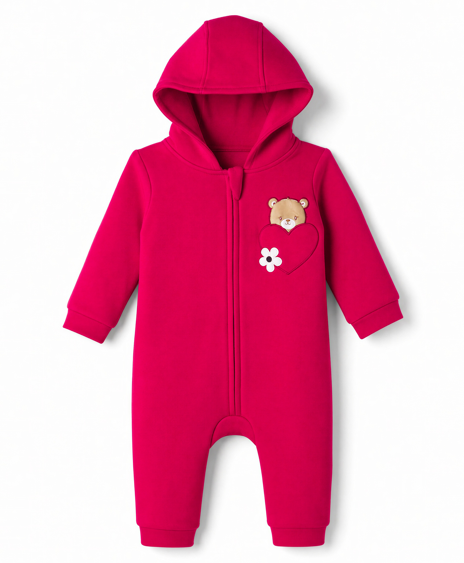 Babyhug Knit Full Sleeves Hooded Winter Wear Romper With Teddy Bear Embroidery - Red-image-44