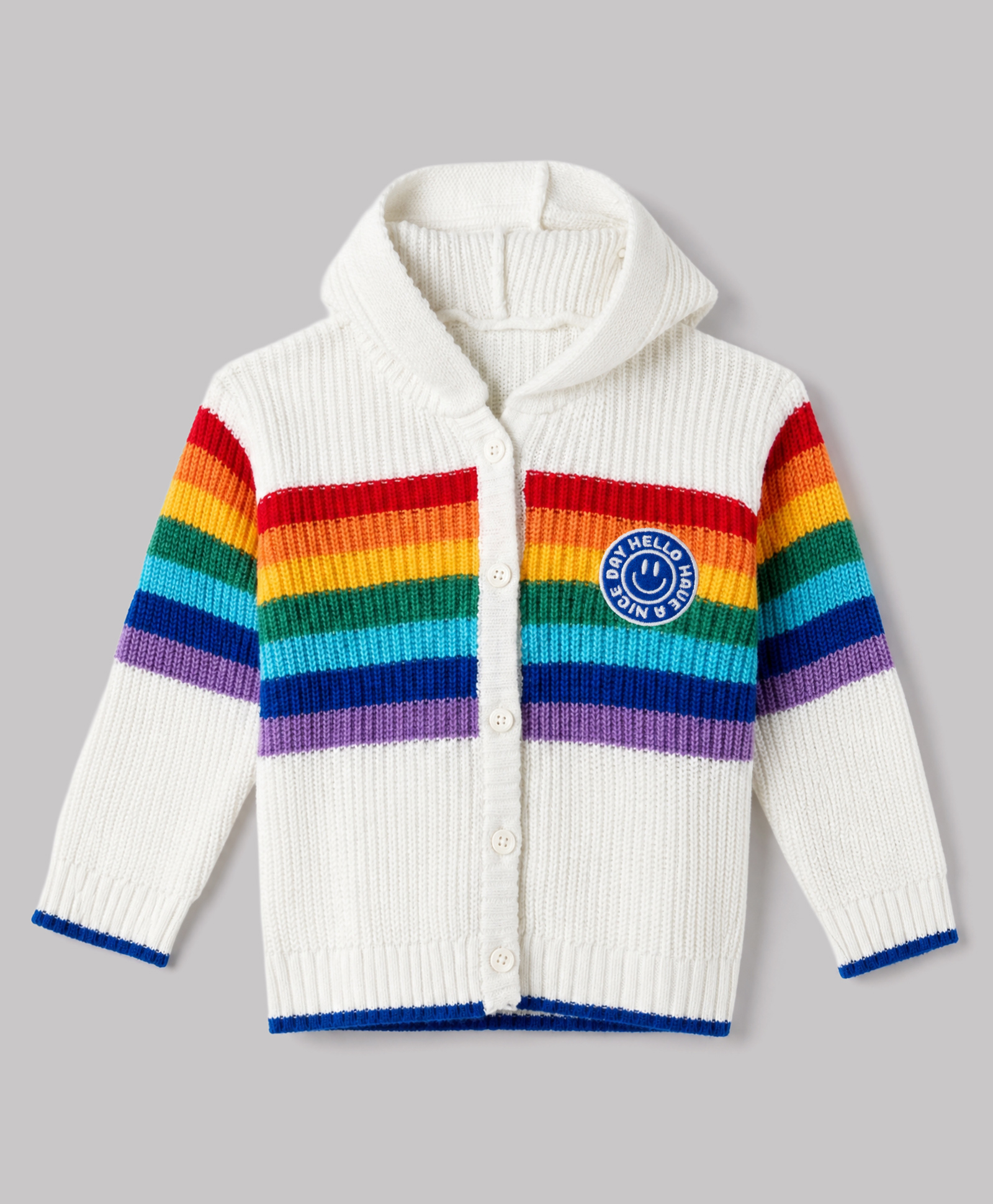 Babyhug Knit Full Sleeves Striped Hooded Front Open Sweater With Patch - White-picture-27