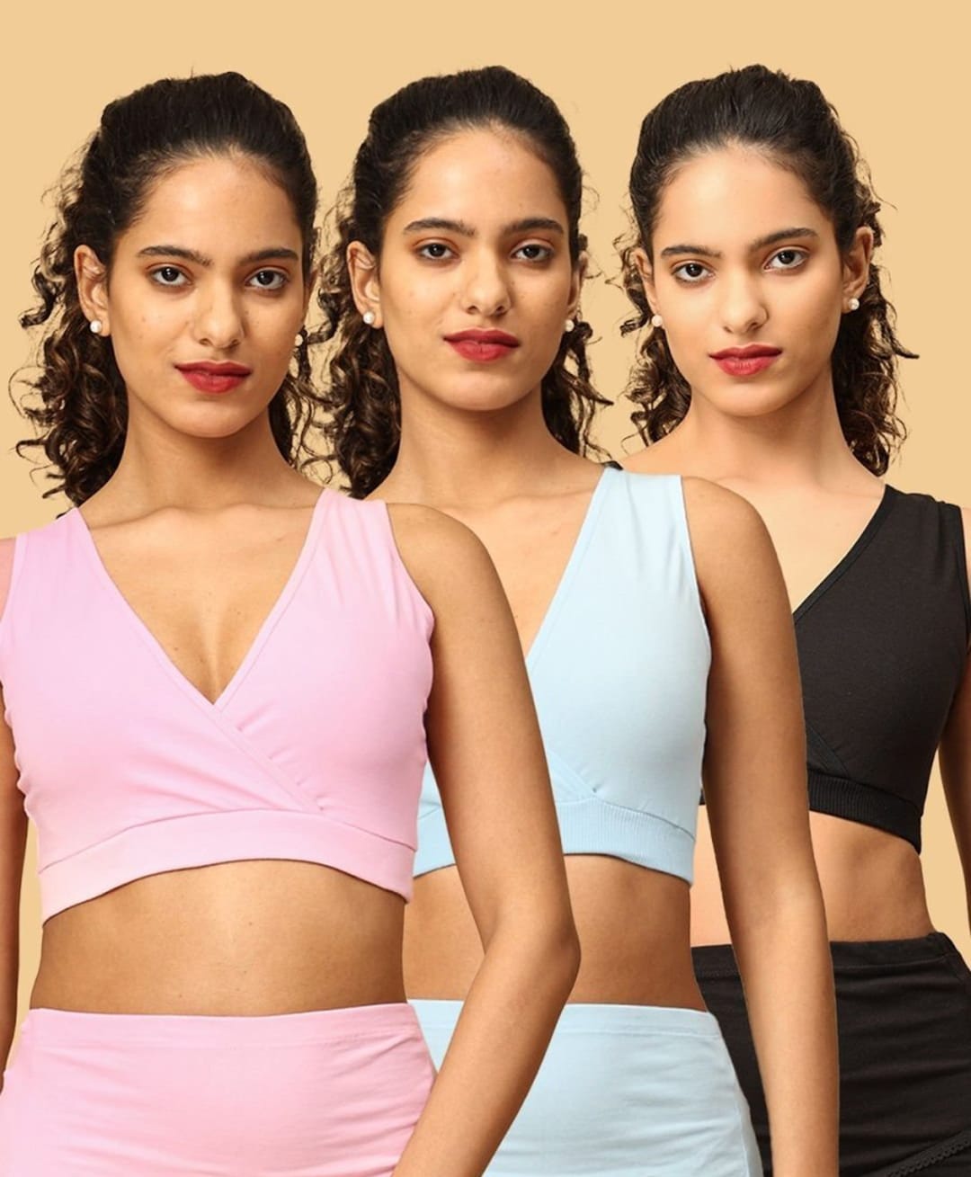 The Mom Store Cotton Knit Sleeveless Pack Of 3 Solid Maternity Bras - Pink Black & Sky Blue-image-8