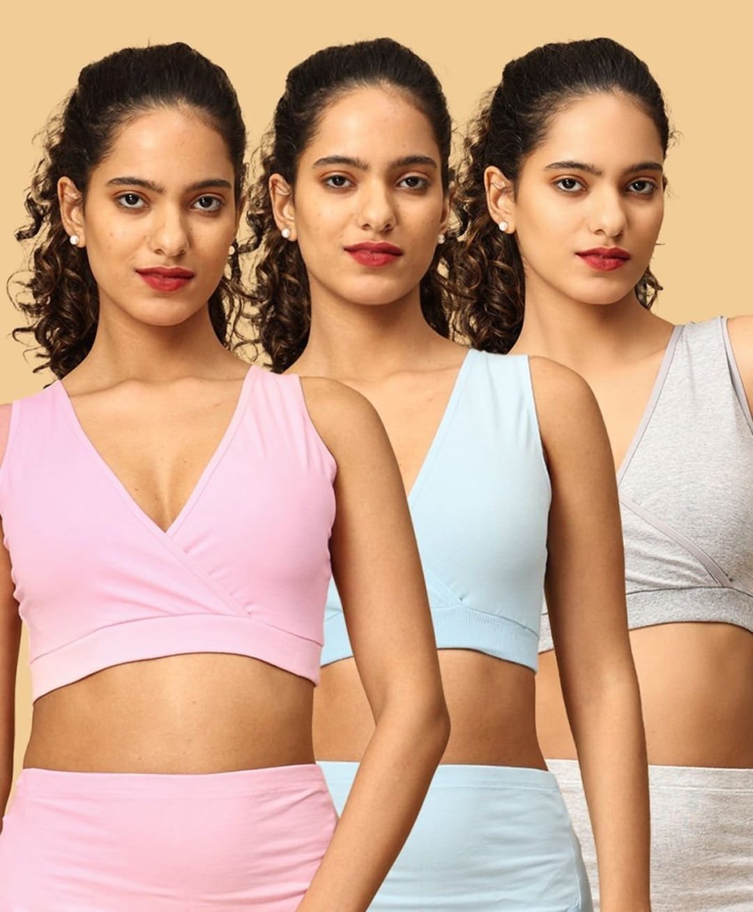 The Mom Store Cotton Knit Pack Of 3 Sleeveless Solid Maternity Bras - Pink Grey & Sky Blue-picture-12
