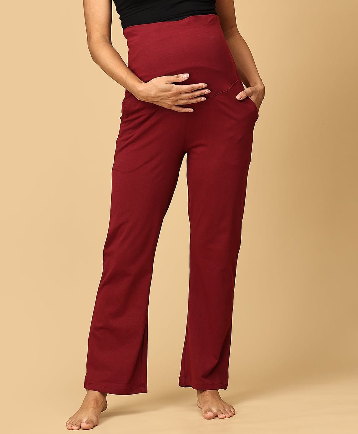 The Mom Store Cotton Blend Knit Solid Maternity Track Pants - Maroon-image-29